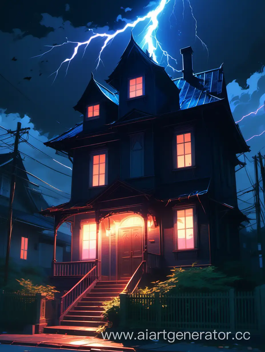haunted house, lightning, black cat, art by atey ghailan, painterly anime style at pixiv, art by kantoku, in art style of redjuice/necömi/rella/tiv pixiv collab, your name anime screencap, masterpiece digital painting, exquisite lighting and composition, inspired by wlop art style, 8k, sharp, very detailed, high resolution, illustration 8k, high resolution, best quality8k, HDR, realism,