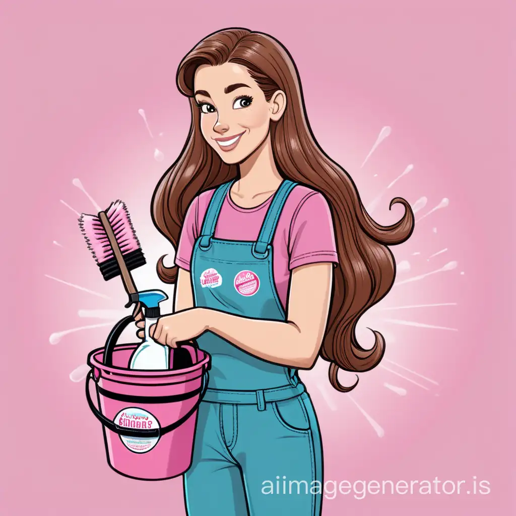 Woman cleaner holding a bucket with cleaning products inside cartoon long brown hair with a pink back ground with the logo dirty little scrubbers