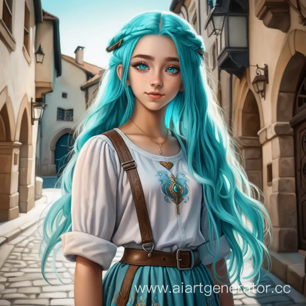 Девушка, 18лет, длинные бирюзовые волосы, бирюзовые глаза, одета в рубашку и юбку, выглядит приветливо, стоит посреди средневековой улицы 