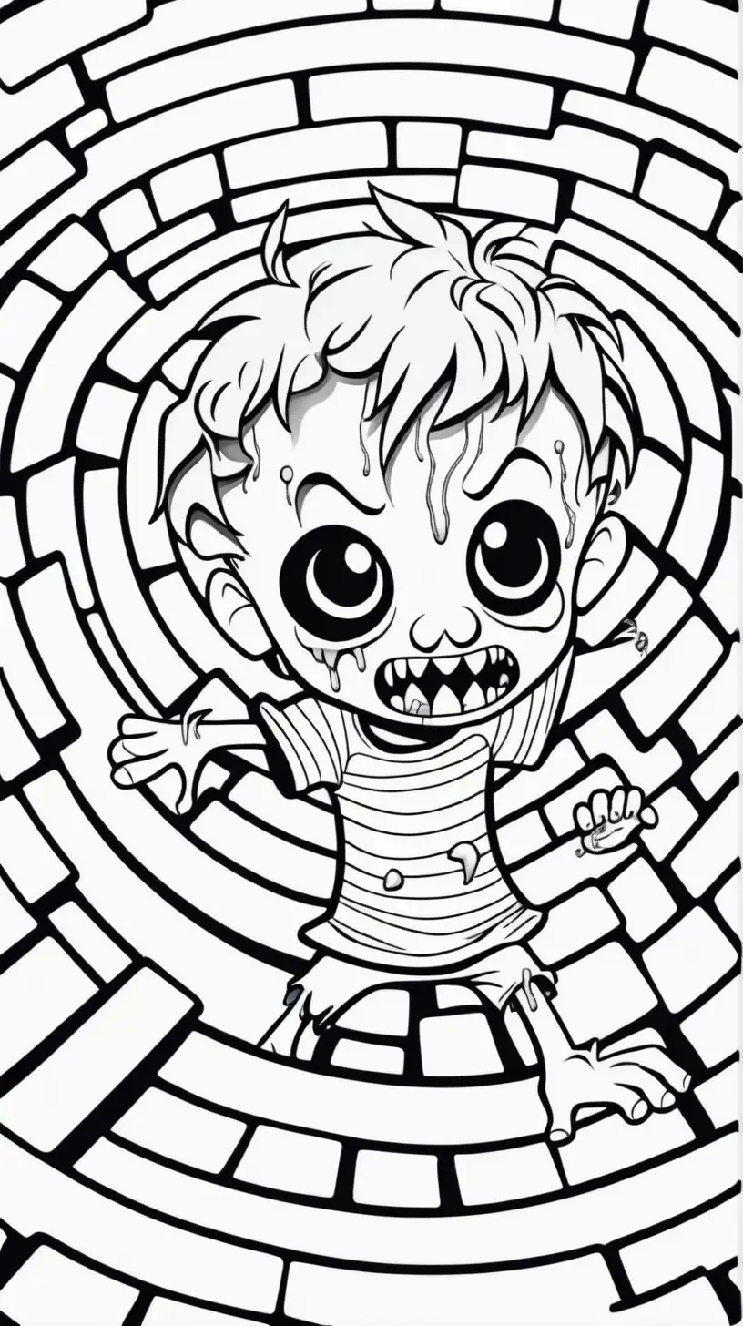 coloring book image, black and white image, of cute funny zombie in a candy filled maze