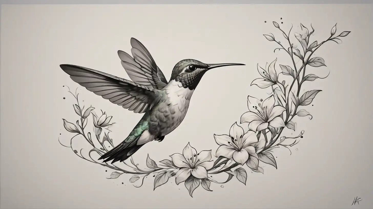 Minimalist Hummingbird and Floral Vine Tattoo Design in Black and Gray