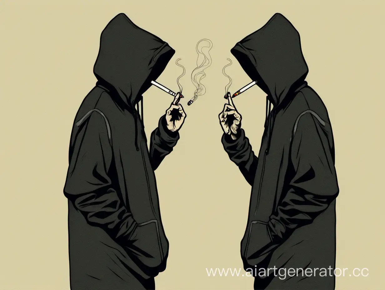Мультяшный, человек в капюшоне, курит сигарету, со своей тенью