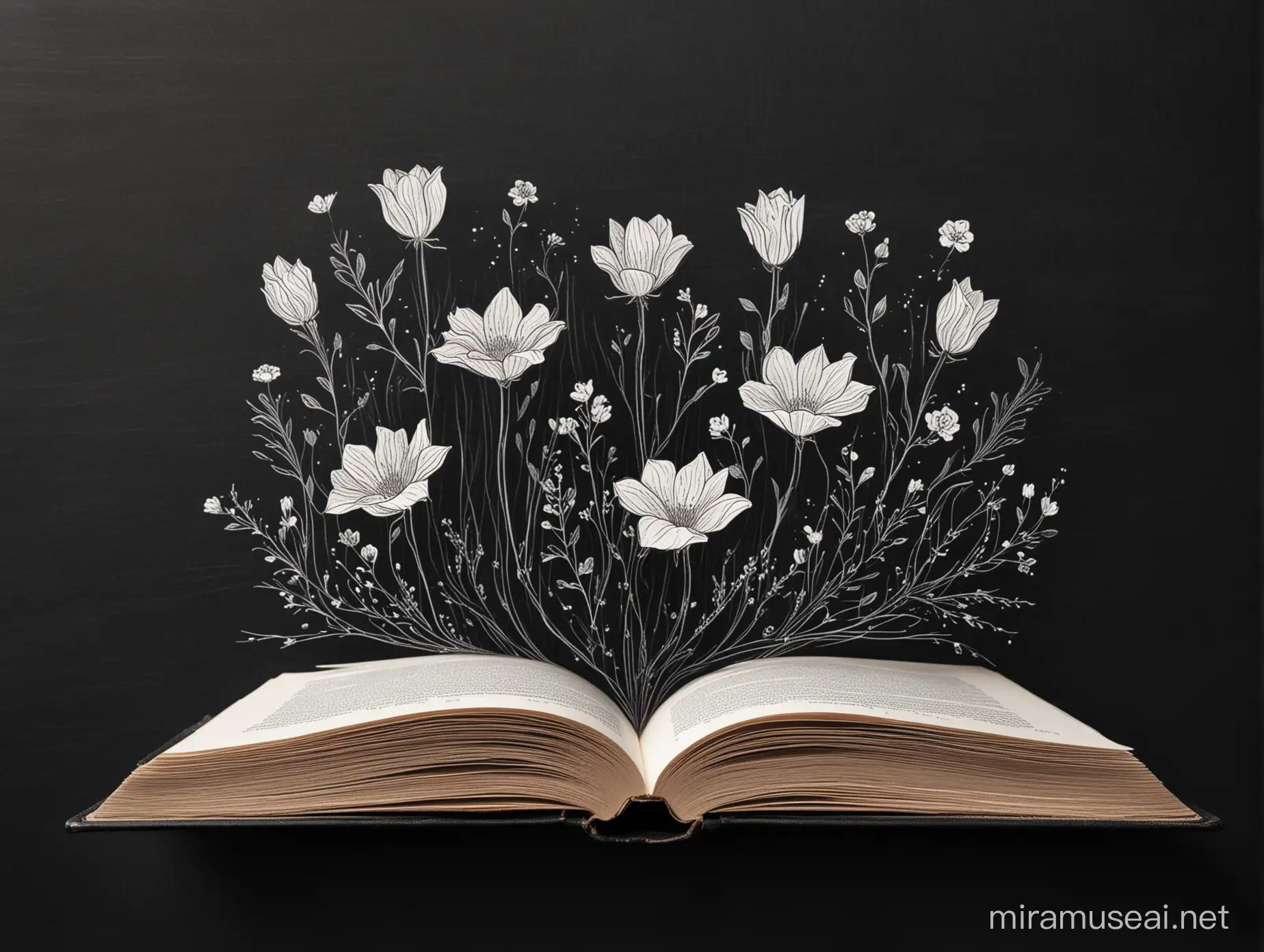 Minimalistic Open Book with White Line Flowers on Dark Background