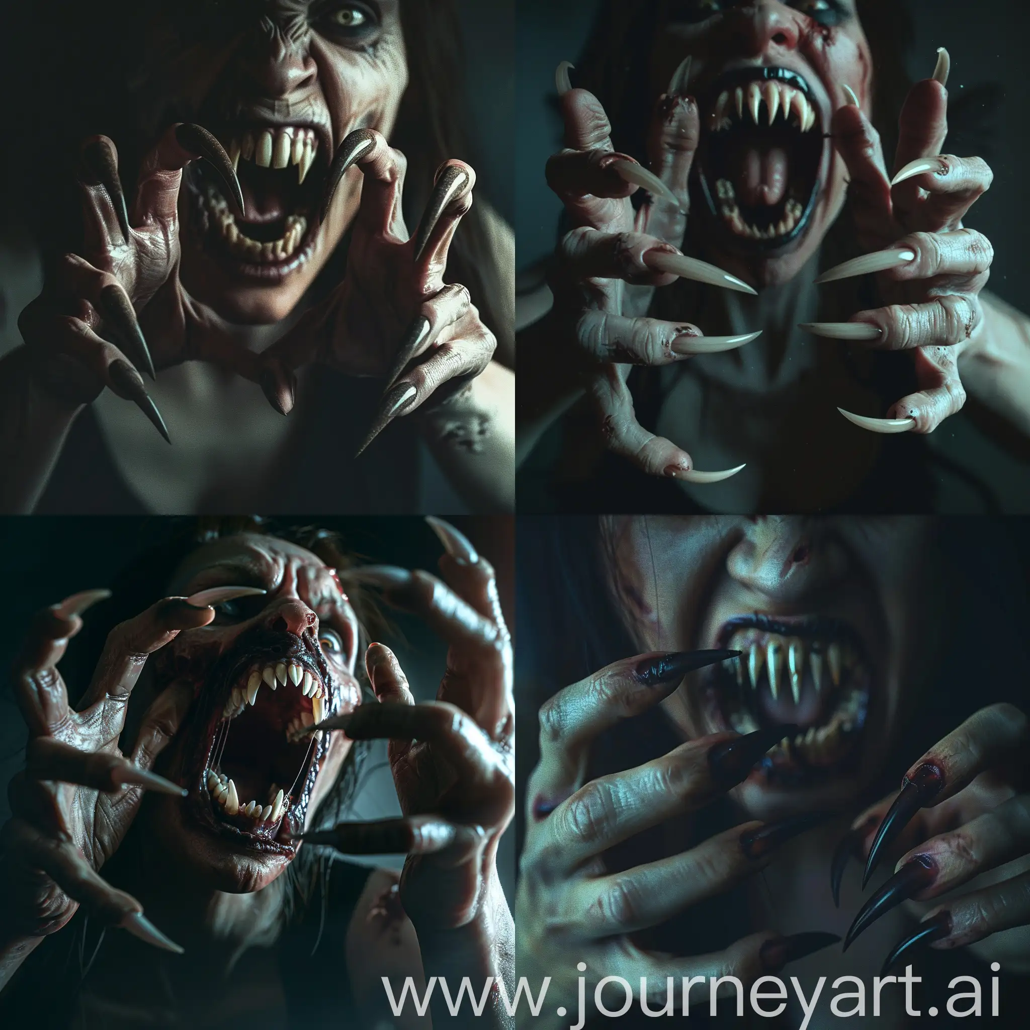 A horrifying nightmare scene of aggressive zombie woman with extra long curved pointed nails like beast claws on her five-fingered hands, her mouth is open with pointed sharped teeth, resembling fangs, she attacks you, scene inside darkness, hyper-realism, cinematic, high detail, photo detailing, high quality, photorealistic, terrifying, aggressive, sharp teeth-fangs, dark atmosphere, realistic detailed, detailed nails,  atmospheric lighting.
