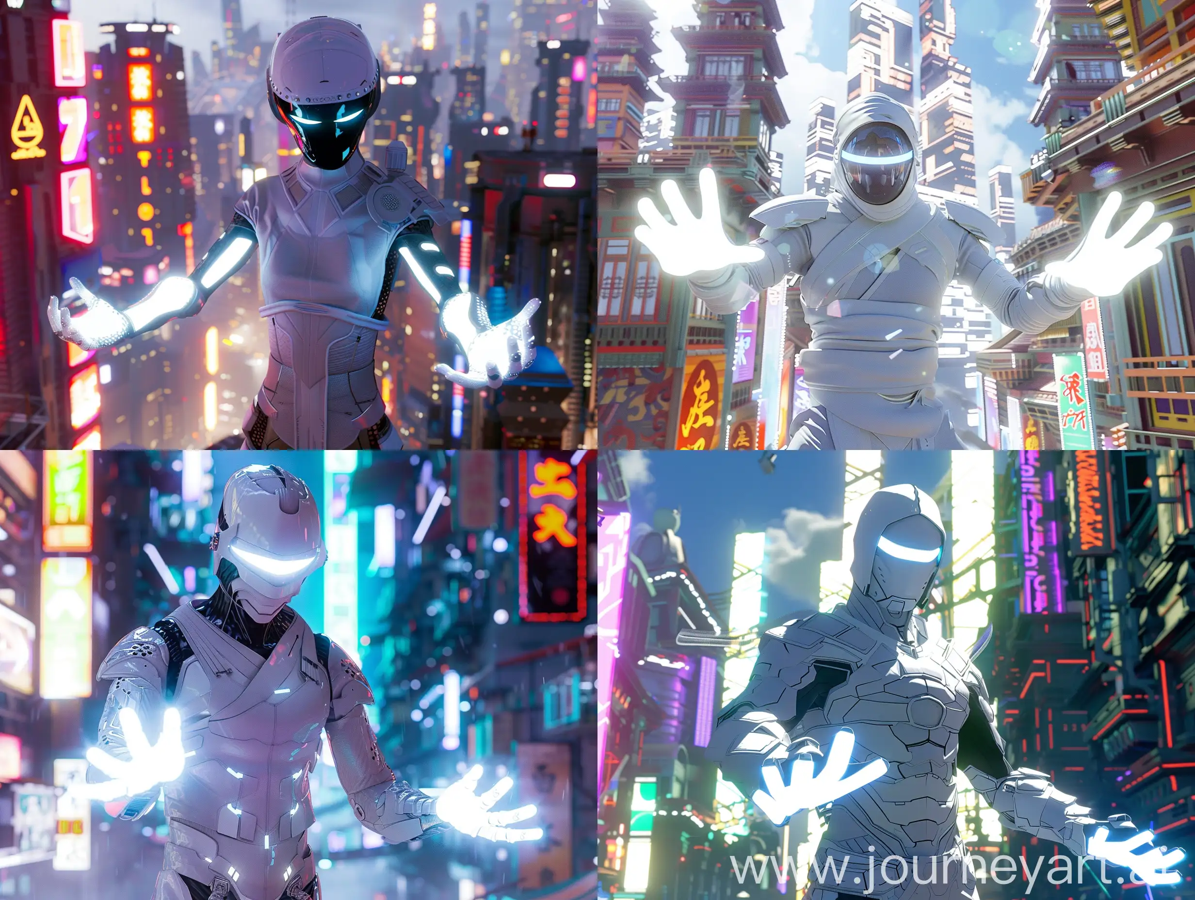 city with futuristic colours and a ninja robot with white costume and white light on hands