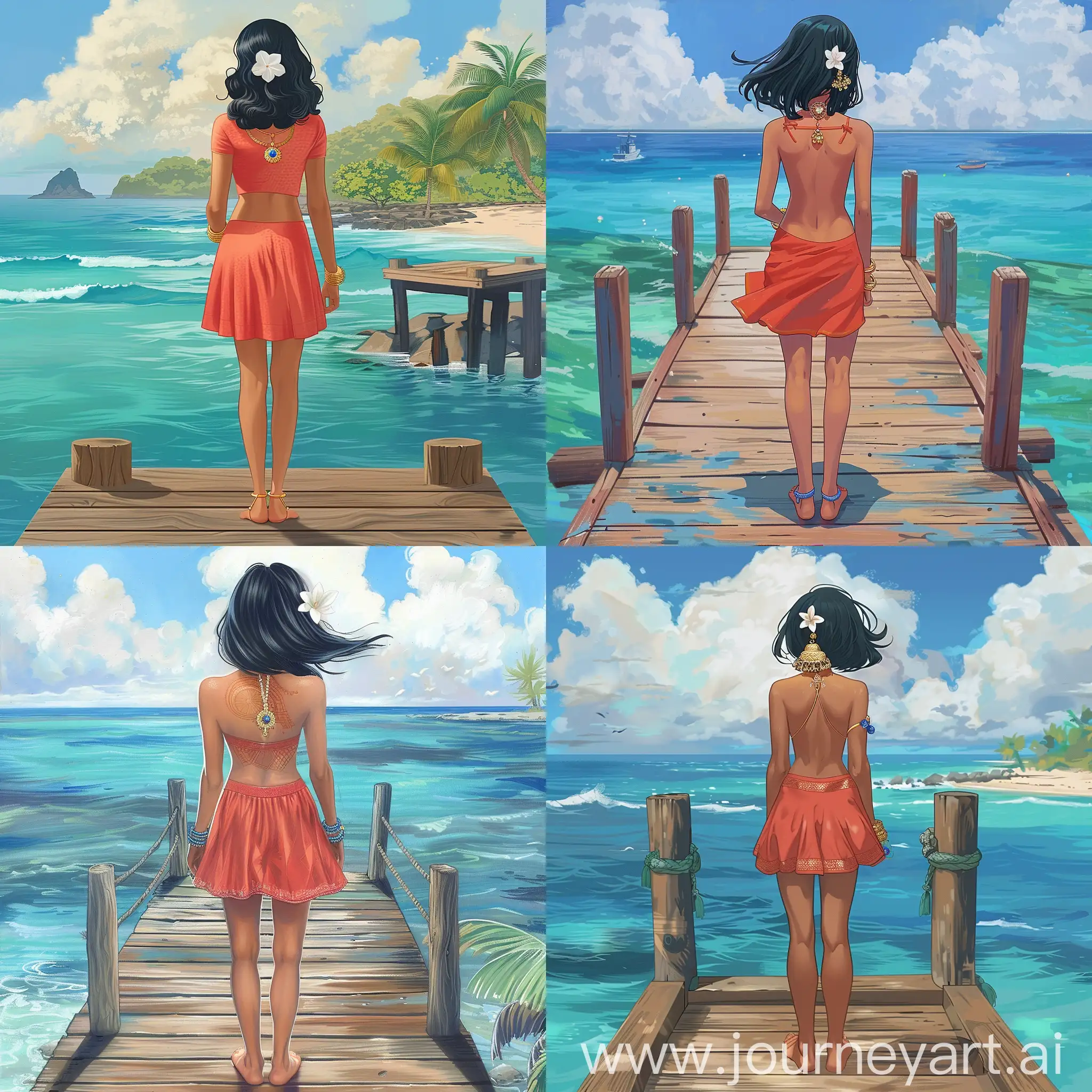 Average height Indian woman standing on a wooden pier, with black hair shoulders length with a white flower, wearing a 1-piece mid-length beach light red dress, gold earrings with pendant, gold necklace with pendant, bare feet, blue sapphire ring on her left ring finger, facing a tropical sea, pastel style.