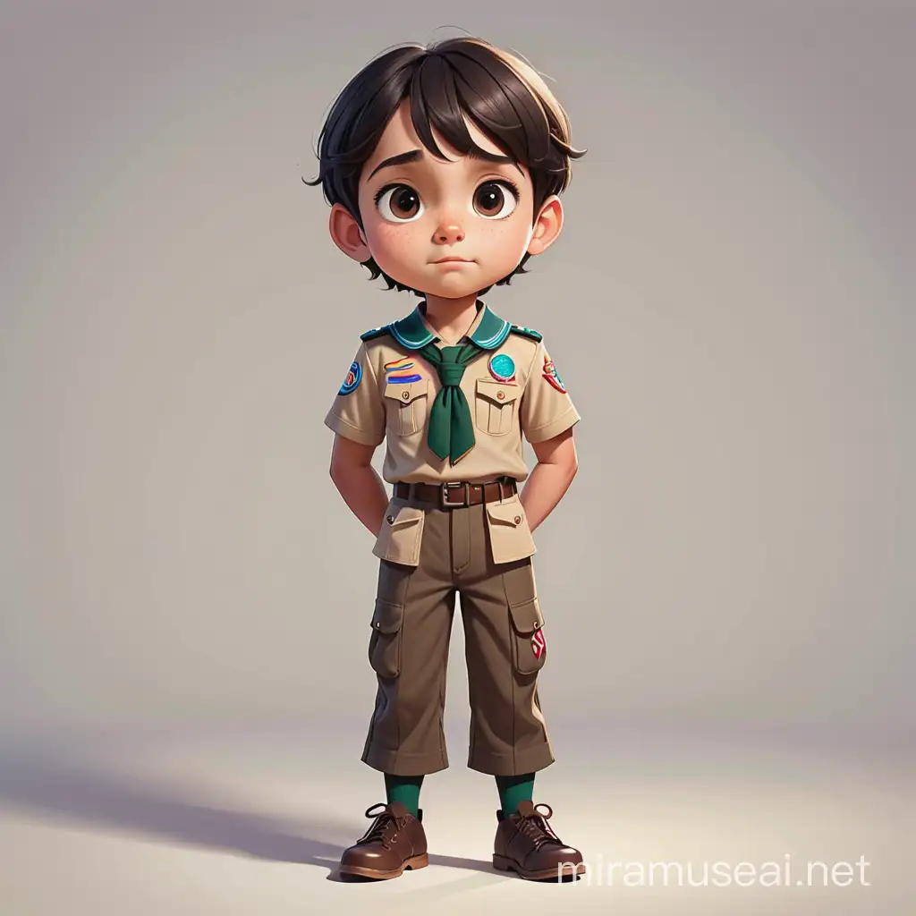 a male kid have 11 years old , closing his eyes to try to think focus , have a dark brown hair , big dark black eyes, round face , light skin , scout uniform, show the full body of her. cartoon type .