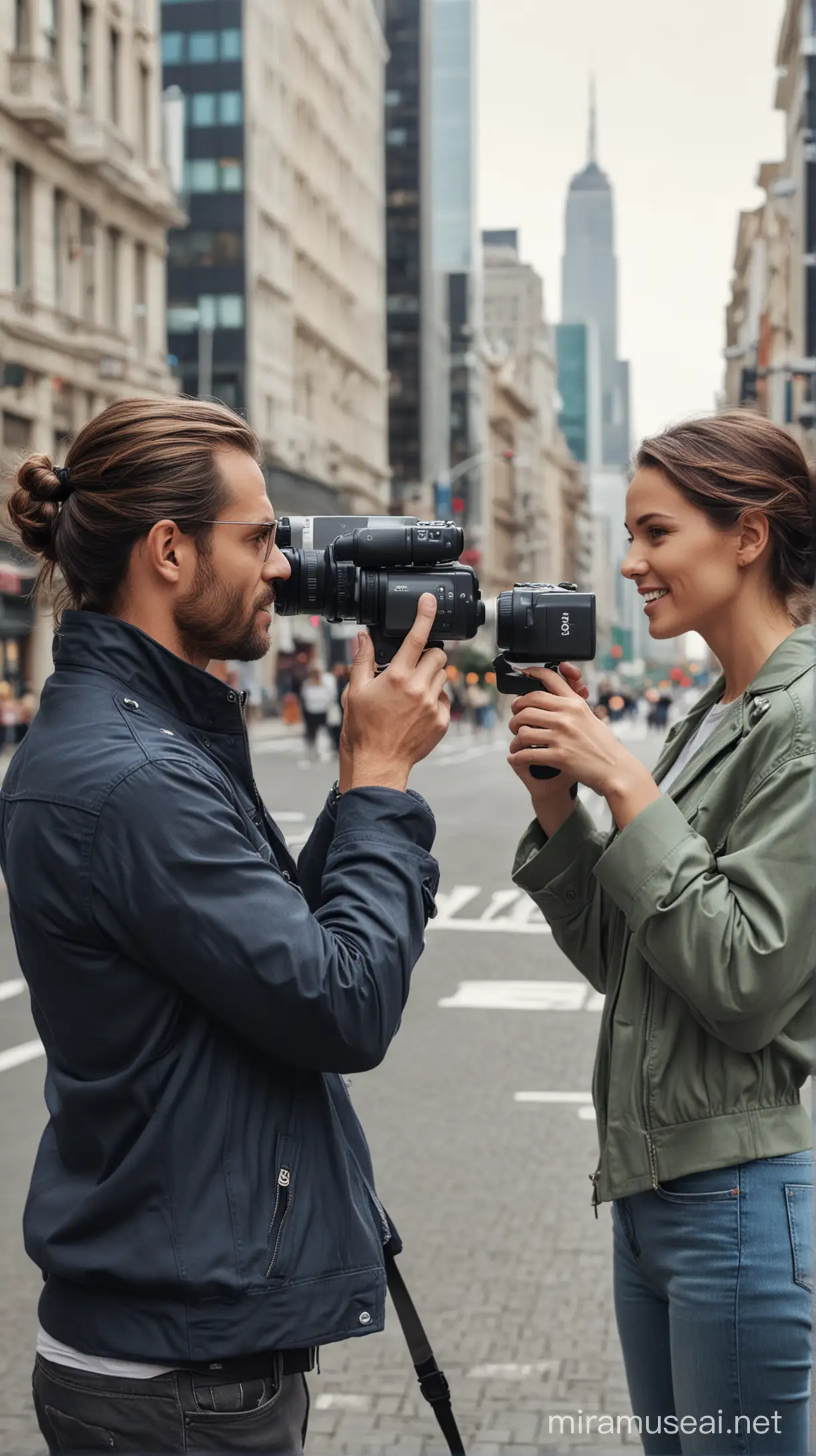 Urban Filmmaker Capturing Woman on Video
