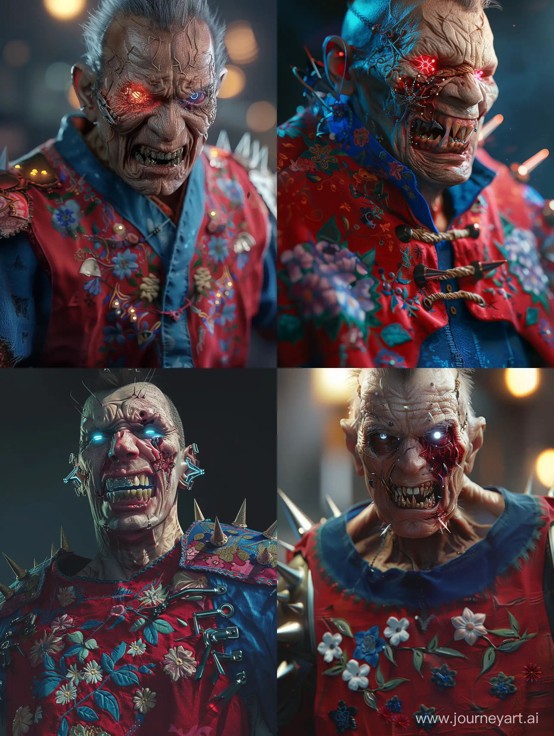 " https://s.mj.run/gXDQOCShFsw "  Highly detailed character design, a man with jagged broken teeth, wicked grin, wearing a red and blue tunic, intricate floral embroidery, cybernetic eyes, heavily lined, wrinkled, haggard face, spiked pauldrons, glowing details, ultrafine detail, epic cinematic lighting, action scene, seapunk, salvagepunk, cyberpunk art by Ruan Jei, Josan Gonzalez, Wayne Reynolds, vray render, volumetric lighting, postprocessing, sharp focus