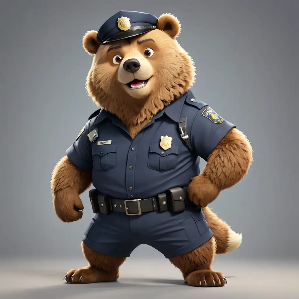 a funny Bear  in cartoon style in full body with small tail in Police clothes with clear background