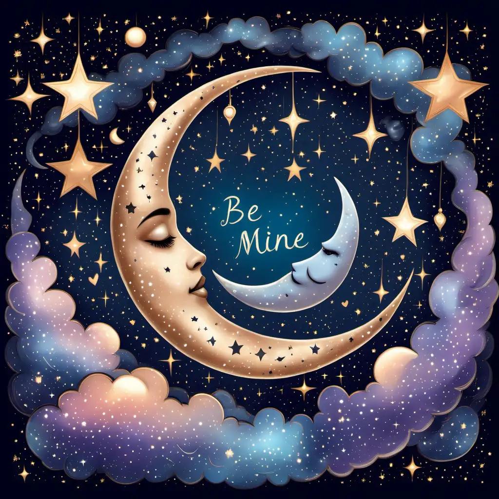 Celestial Love Design with Stars Crescent Moon and Be Mine Sentiment