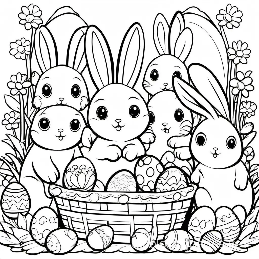 cute little easter bunnies with flowers, baskets and easter eggs, Coloring Page, black and white, line art, white background, Simplicity, Ample White Space. The background of the coloring page is plain white to make it easy for young children to color within the lines. The outlines of all the subjects are easy to distinguish, making it simple for kids to color without too much difficulty