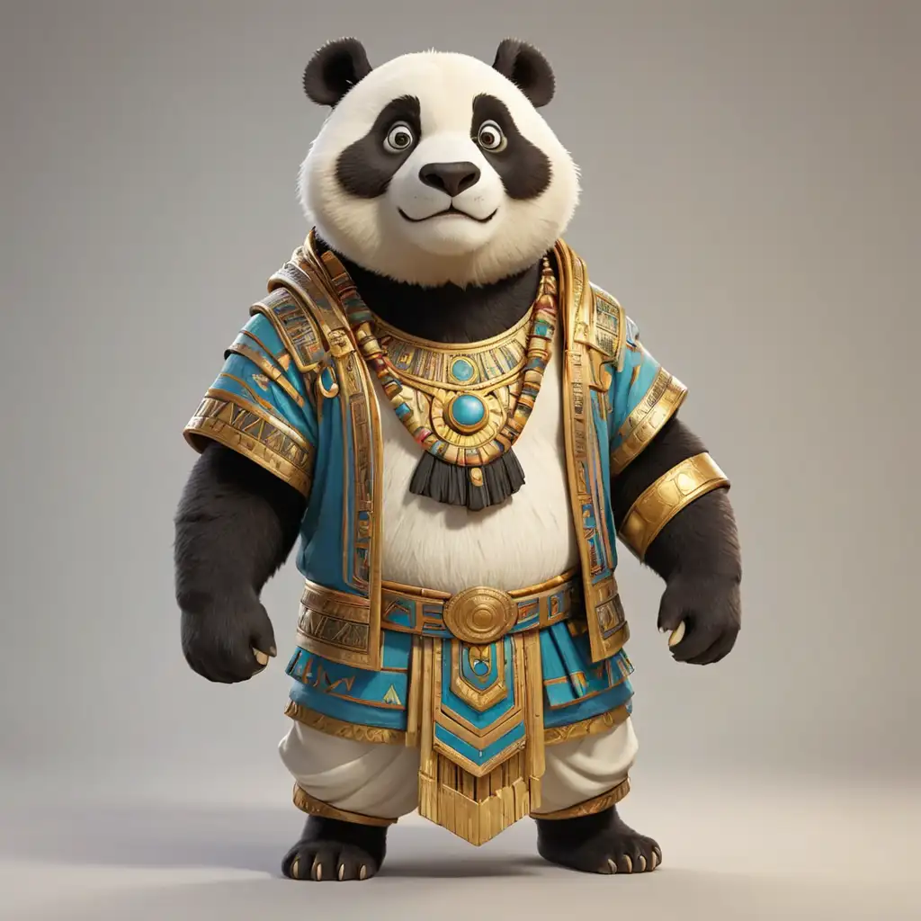 a panda in cartoon style in full body with clothes of the pharaohs of ancient Egypt clear background