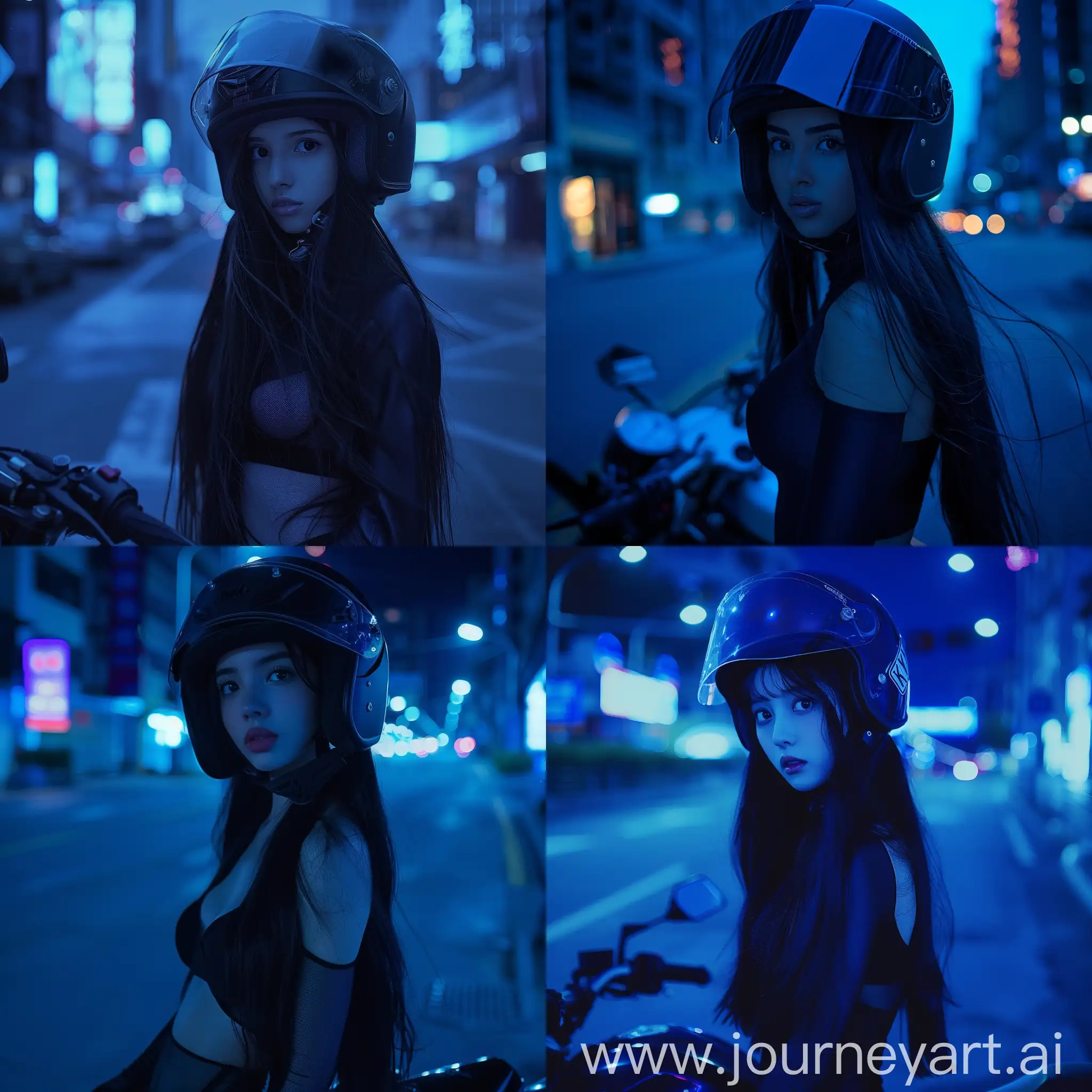 Urban-Night-Portrait-Girl-with-Long-Black-Hair-and-Motorcycle-Helmet