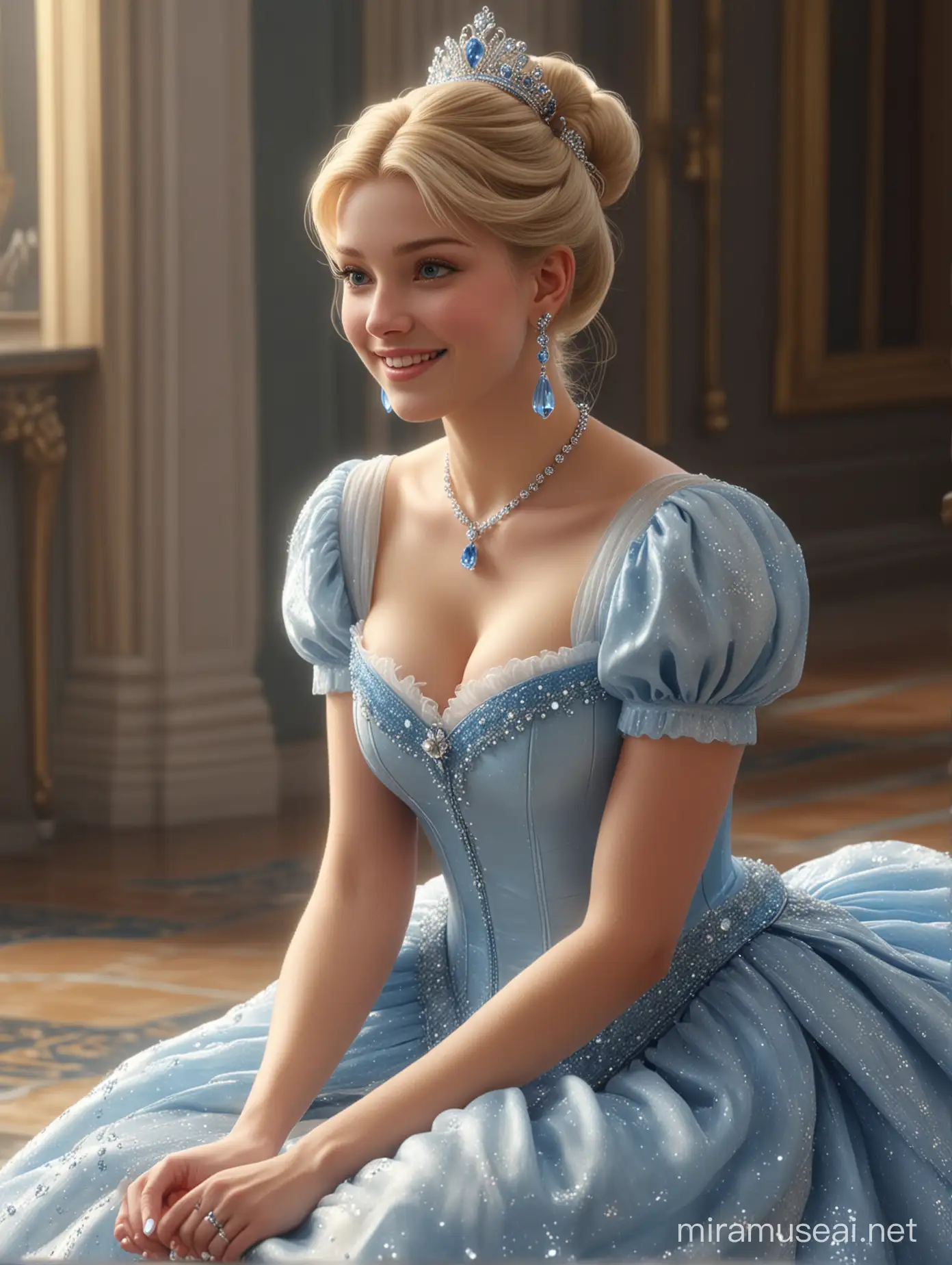 Seen from the front is a beautiful Cinderella with blonde hair in a bun, wearing earrings and a diamond necklace with a realistic face smiling gently, wearing a long, short-sleeved blue and white dress. Inside the palace, a handsome prince came and knelt down to put clear crystal glass shoes on Cinderella's feet.ultra hd.hyperrealistic.cinematic
