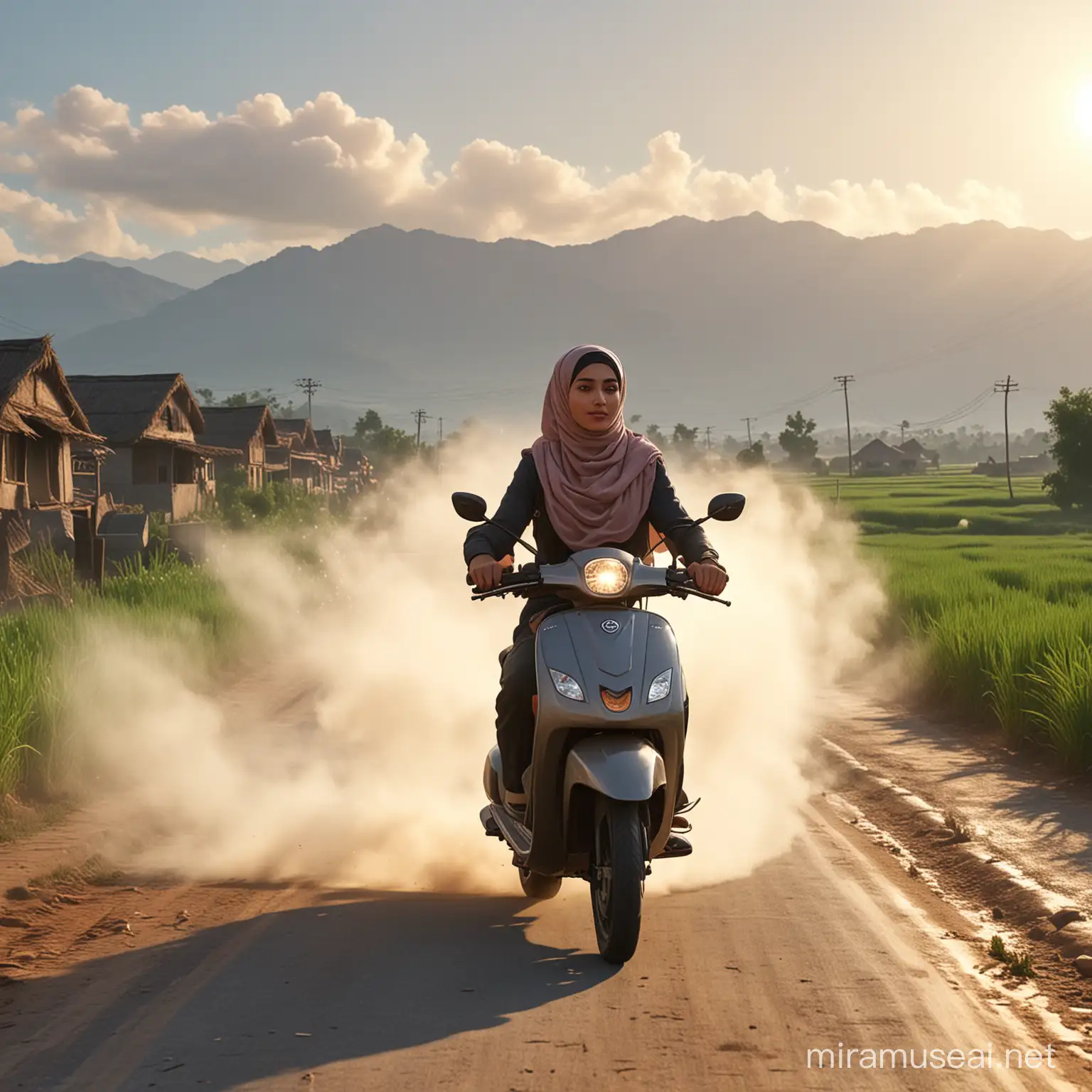 seorang wanita berjilbab, 
sedang menaiki sepeda motor scooter,angin kencang,dengan kencang,kluar asap tebal di kenalpot ,di jalan desa,dengan latar belakang, Susana pagi,pesawahan yg luas dan gunung yg berkabut, animasi 3D