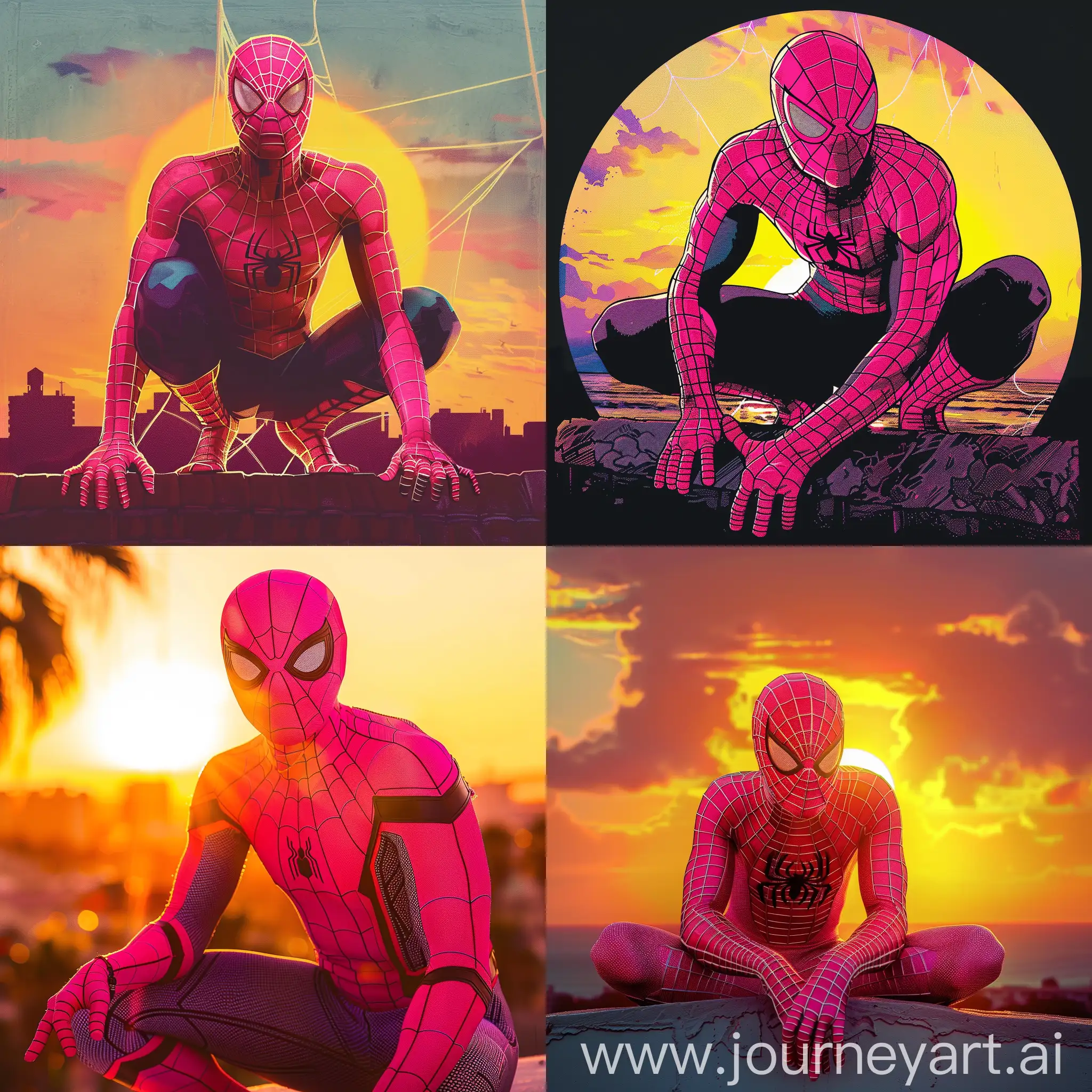 pink spiderman on sunset backround
