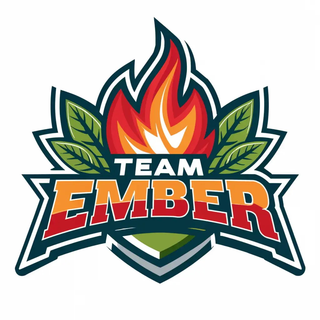a logo design,with the text "Team Ember", main symbol:fiery ember with green leaves, red sports jersey, running shoe,complex,clear background