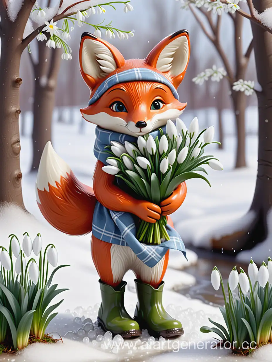 a little fox in a kerchief in spring in rubber boots holds a bouquet of snowdrops, the snow melts around