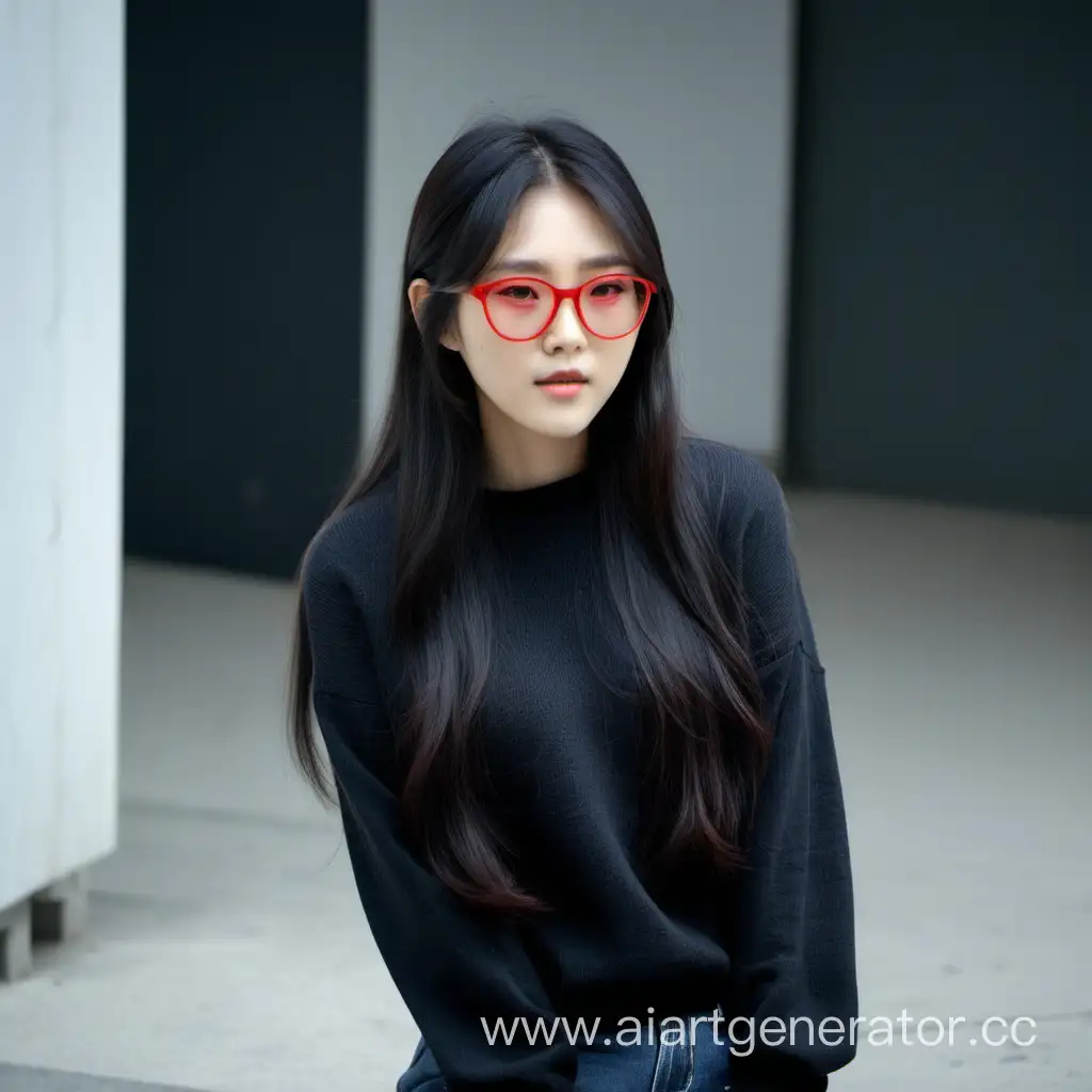 Korean girl in red glasses with black long hair, in a black sweater and jeans