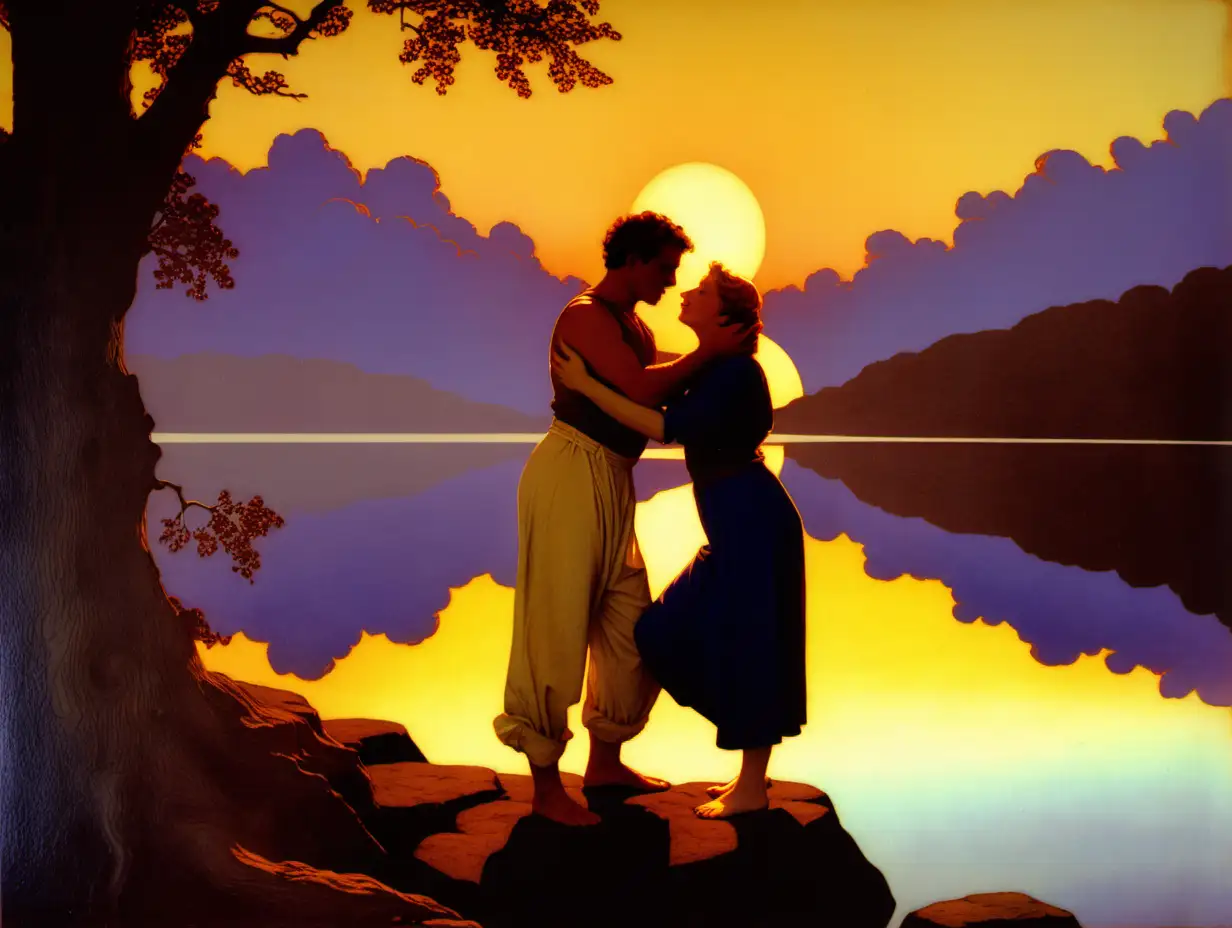 couple embrassing at water edge as sun goes down Maxfield Parrish style