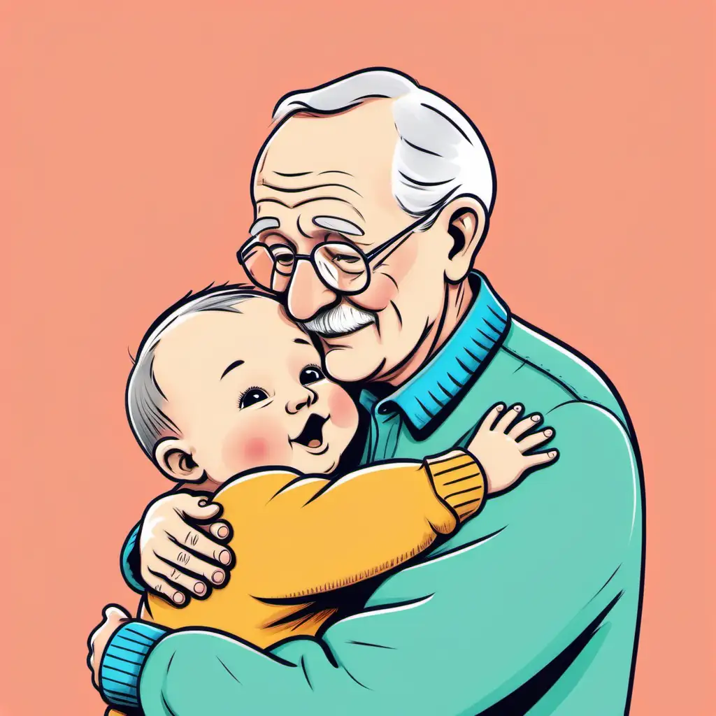 simple cartoon drawing of grandad giving baby a cuddle coloured background