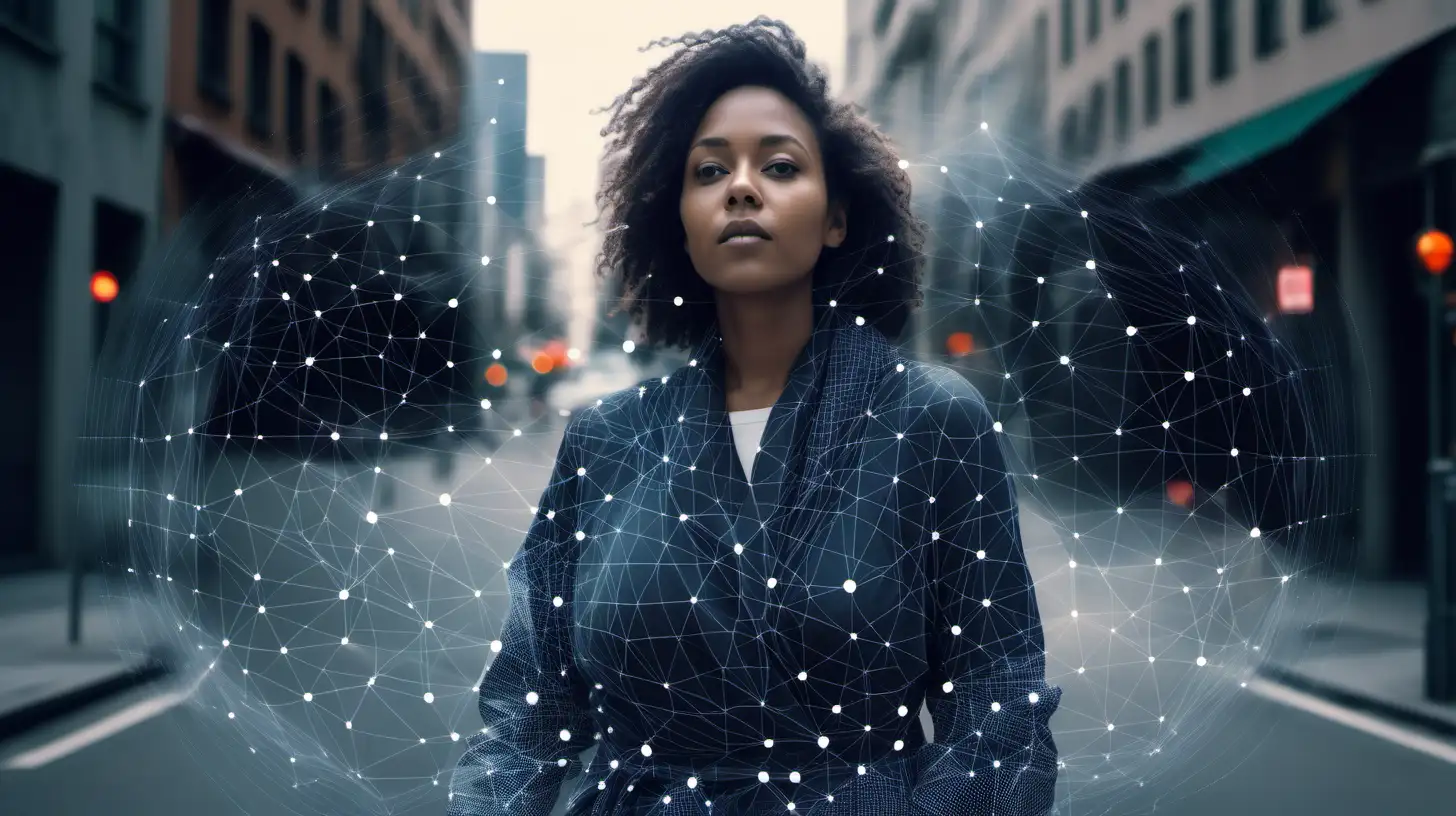 Urban Woman Wrapped in Digital Overlay of Connected Dots and Lines