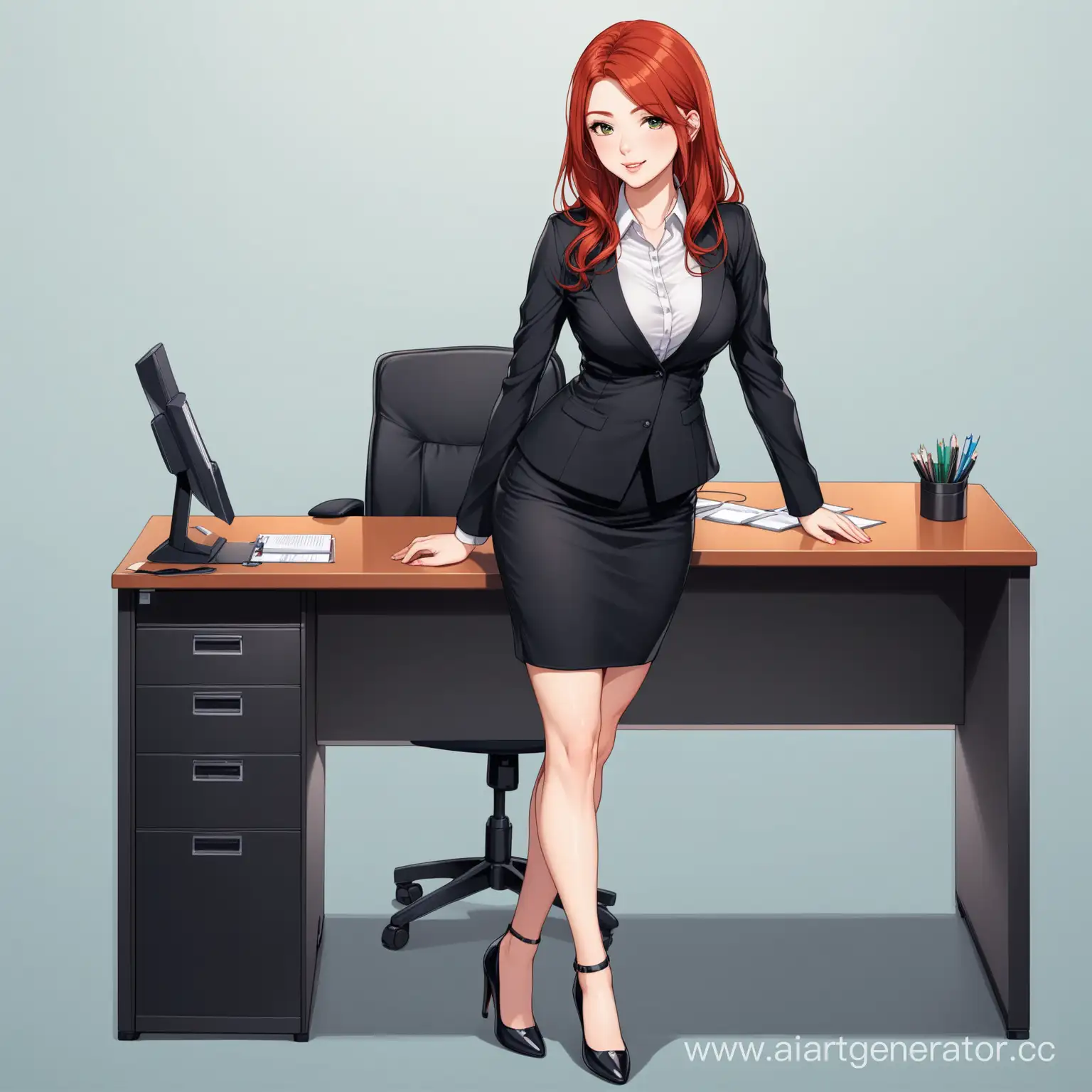 beautifull young woman outfit secretaty in office, redhead, full body, heels