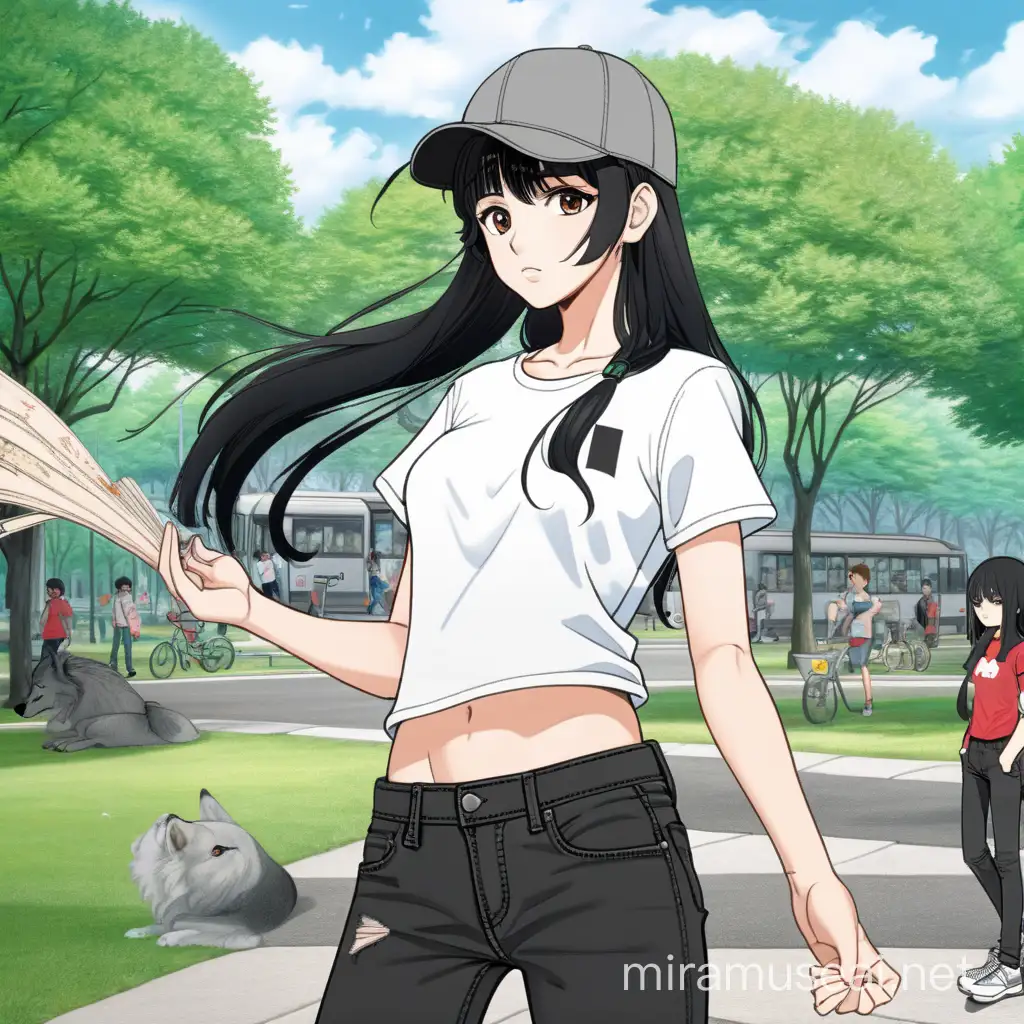 slice of life anime artstyle, woman, white teeshirt, black jeans, grey cap, black hair, mess wolfcut, medium breasts, park background