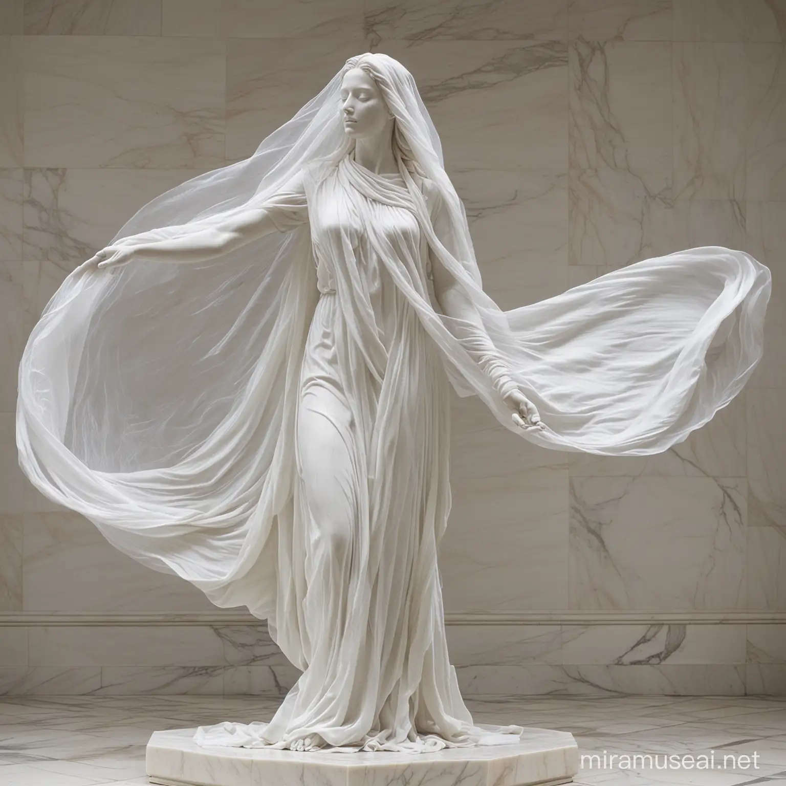 A white marble sculpture of a woman in the wind, wind blowing from front, fullbody covered with a white veil, the woman is looking in front
