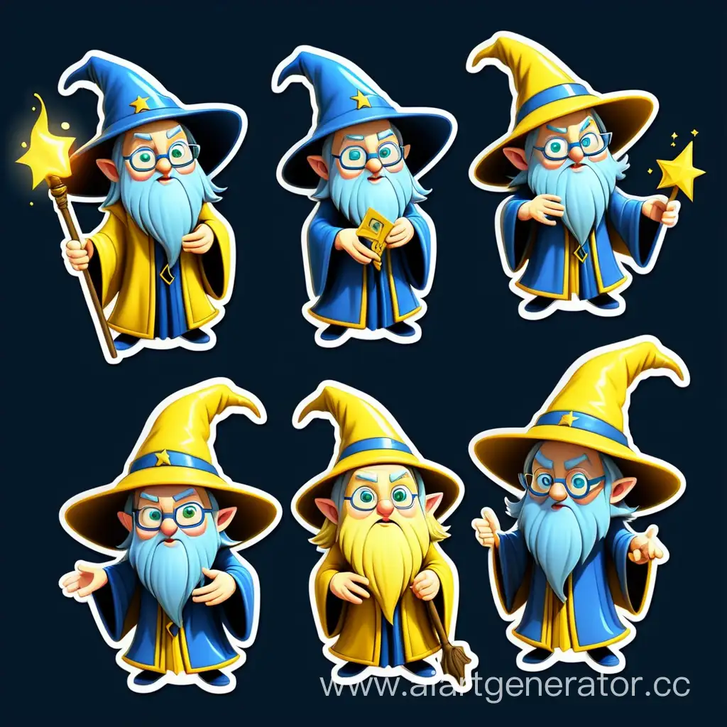 4 different Stickers of animated wizard , in yellow and blue colors, in full size, cute, 