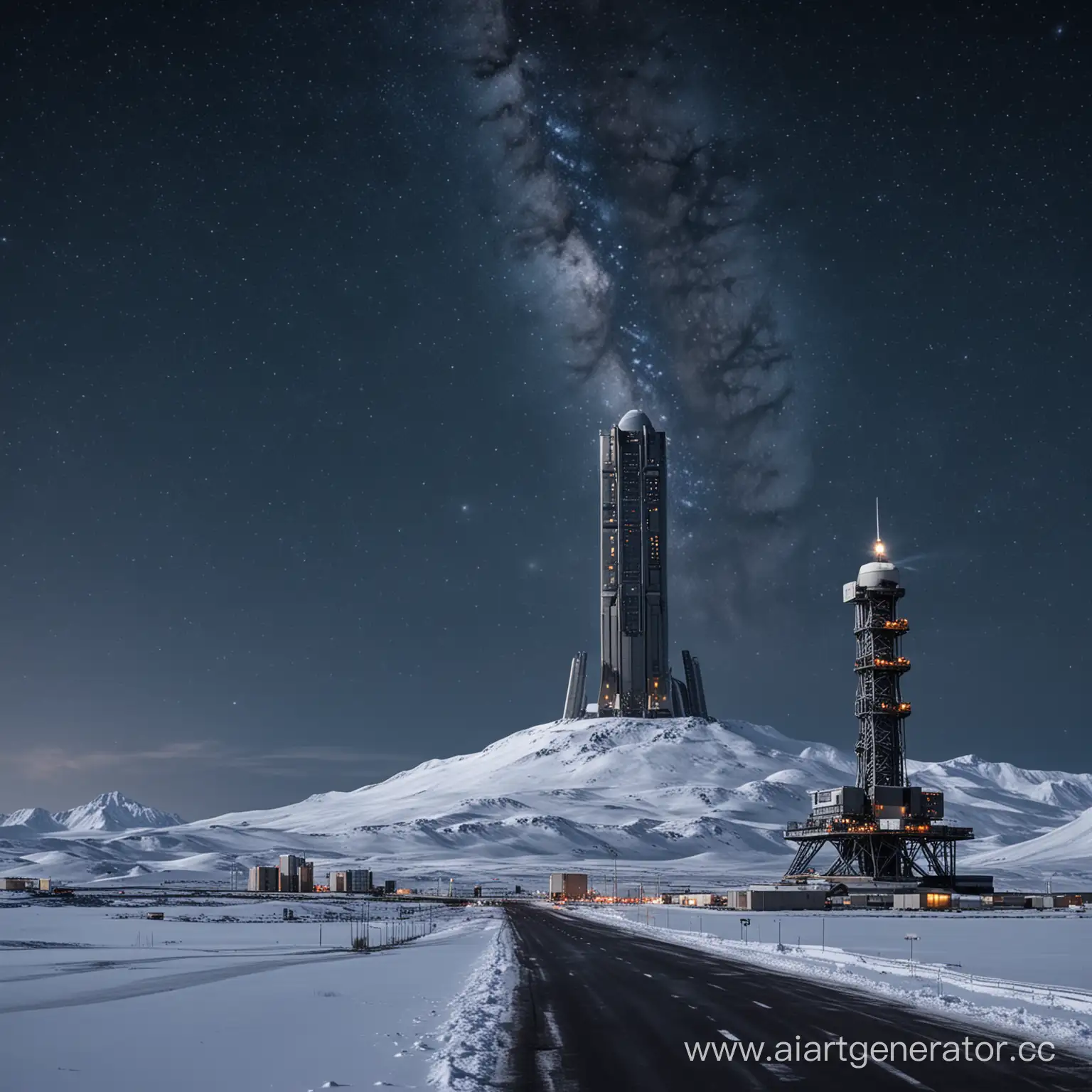 Военно-космическое и научно-исследовательское высокое здание с космодромом и взлетной полосой с сигнальными огнями на вершине горы на фоне звездного неба и снега ночью