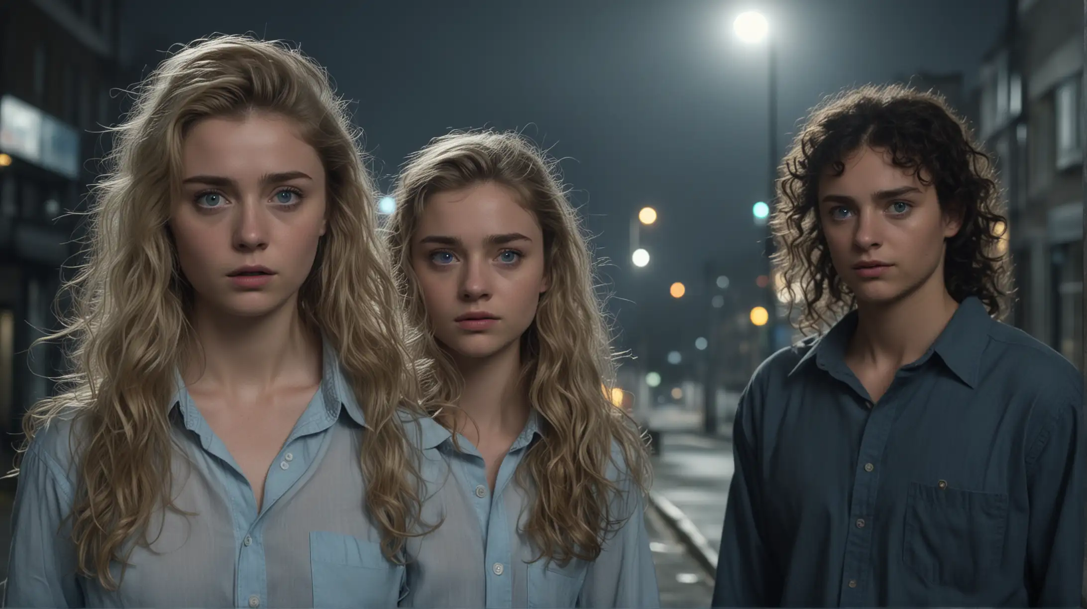 create a photorealistic image of a teenage girl long blonde hair blue eyes, looks like Jessica Barden and a 50-year-old man in shirt and tire, thick curly hair, unshaven, they are standing together on a deserted street corner in London.  It is a moonlit foggy night.  We get an eerie sense of deception.

