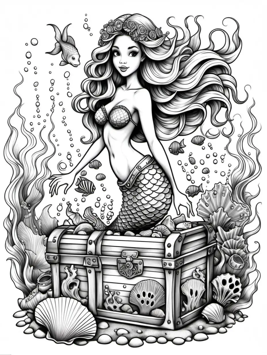 dibujo para colorear con fondo blanco y lineas negras de una sirena  con conchas  en el pelo de pie con una aleta preciosa nadando alrededor  de un cofre de joyas