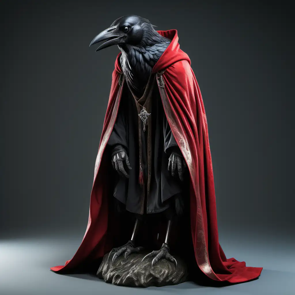 реалистичная  ворона-маг сгорбленный на  голове берет в красной робе  в полный рост