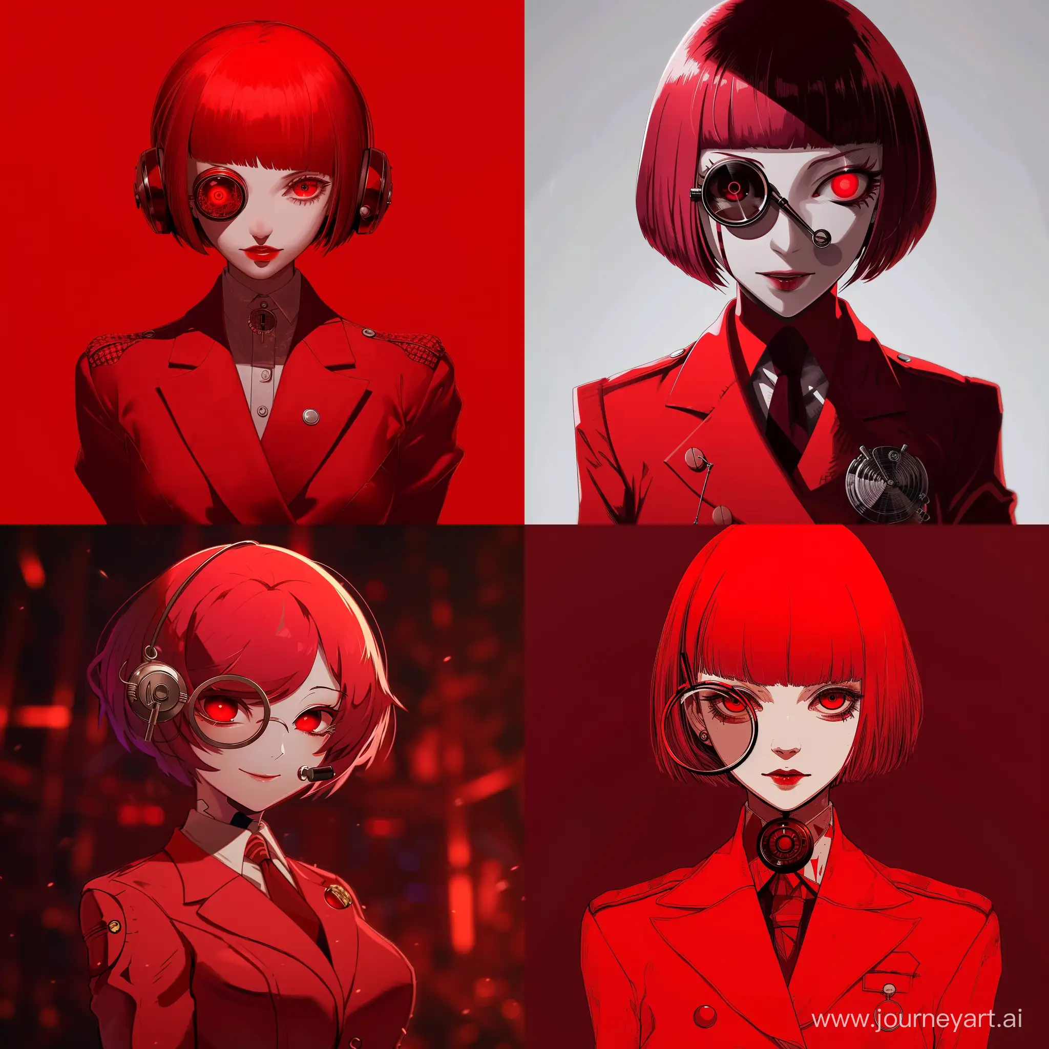 A radiohost in red suit with monocle and red eyes, with red short hair in anime style --v 6 --ar 1:1 --no 67127