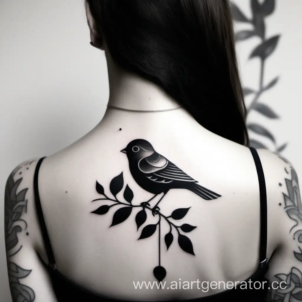 Черная татуировка с маленькой птицей