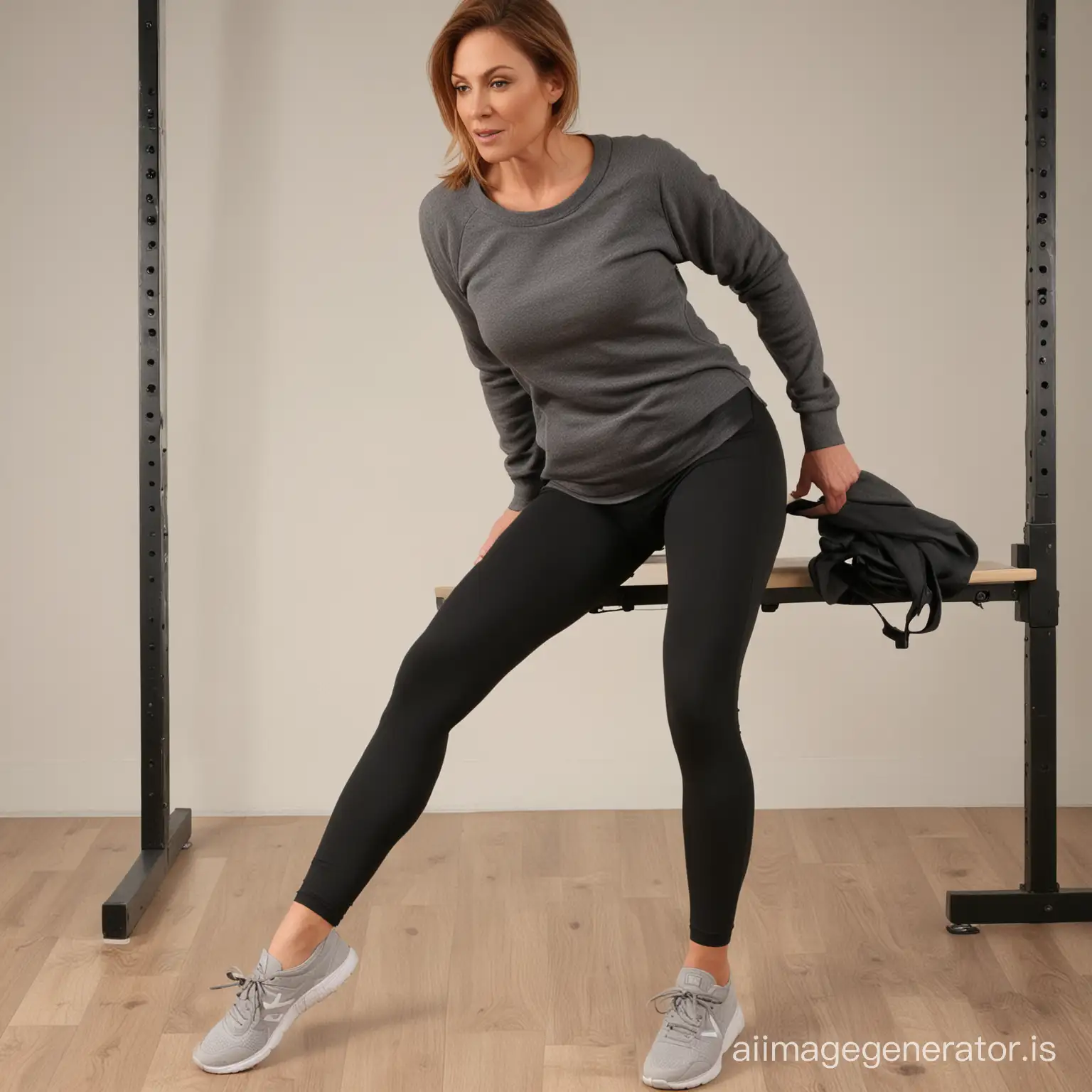 Fourty years old auburn female stretching a black leggings in a fitting room bench, she is intended to pull it on. Her legs are uncovered.
She also wears grey sweater.