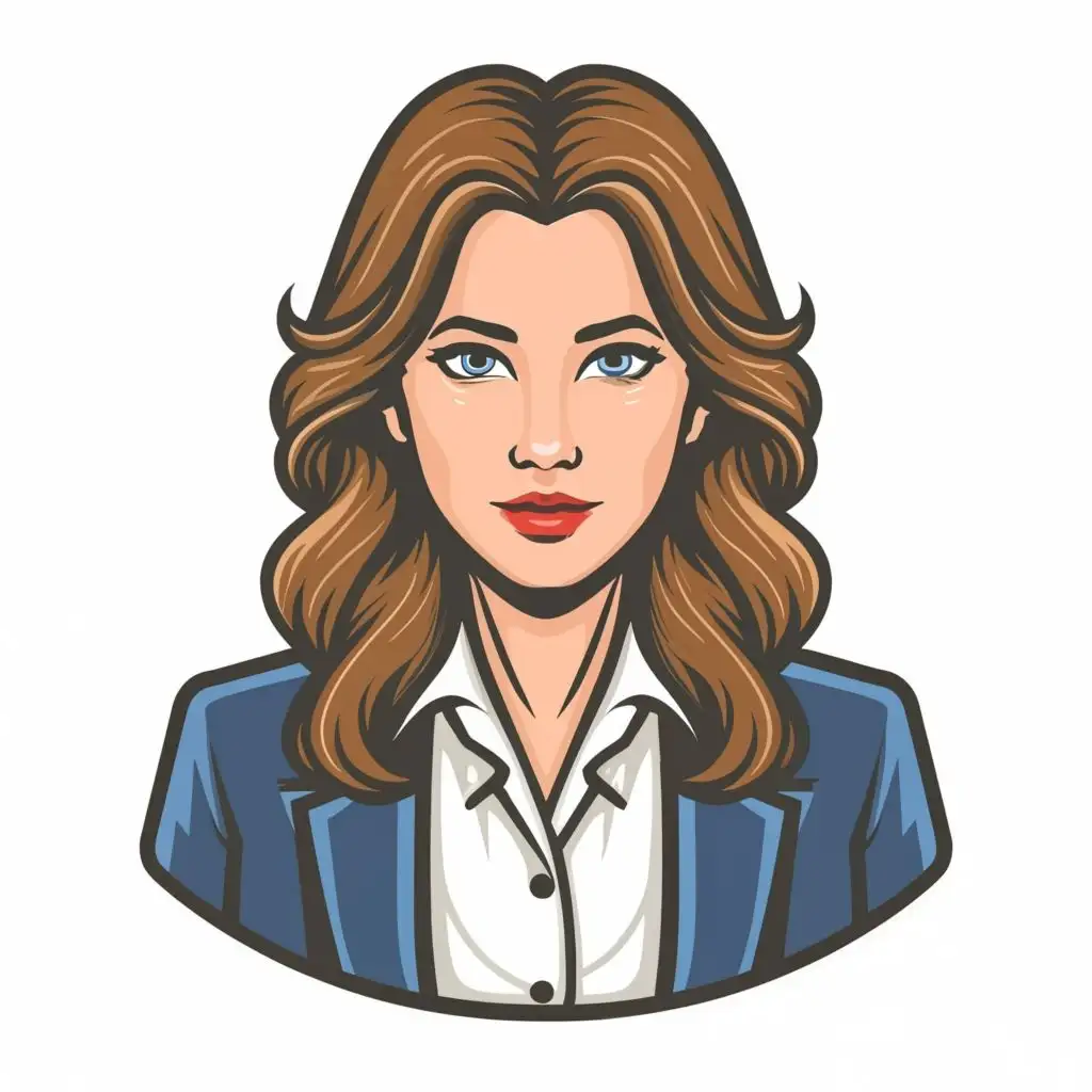 iconic logo, color logo, white background, smart girl in a business suit, looking straight, front view, looking straight, front view, vector, simple, make the shirt white, the jacket dark blue, lips red, eyes blue, hair brown