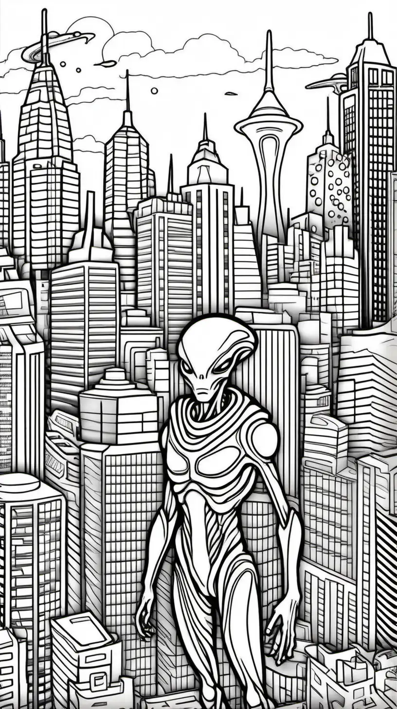 <alien> colouring page, clean line art, city background 