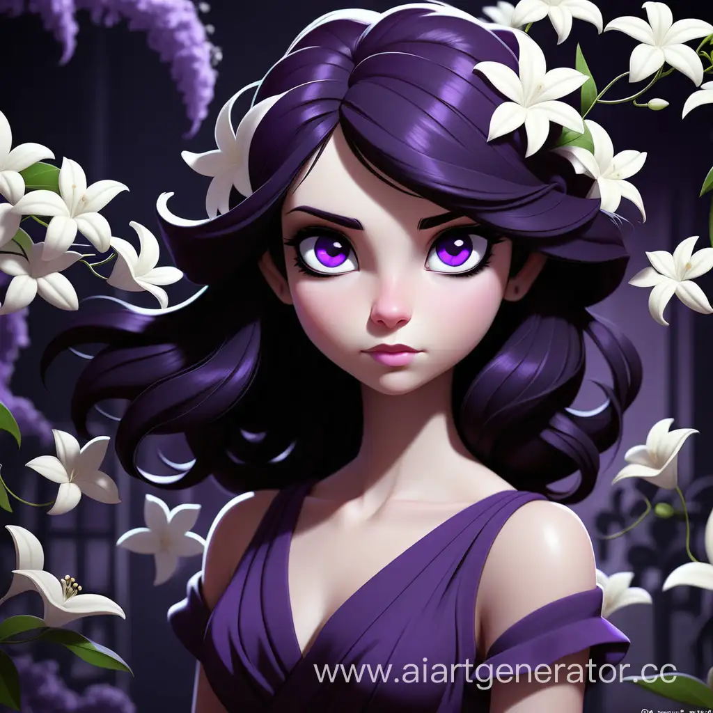 Enigmatic-Girl-with-Violet-Eyes-Wearing-Dark-Purple-Dress-Amidst-White-Jasmine-Blossoms