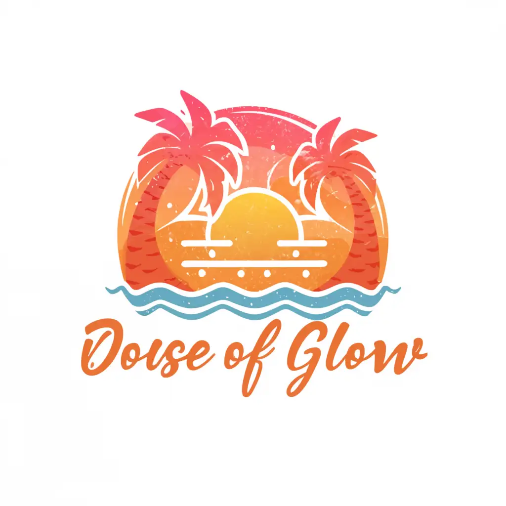 a logo design,with the text "Dose of Glow", main symbol:The logo for "Dose of Glow" features the business name prominently and attractively displayed, with each word shining brightly to evoke feelings of warmth and positivity. The typography is modern and inviting, perhaps with a slight curve to mimic the arc of the sun.

Below the text, there's a vibrant illustration of a beach scene or a tropical setting, complete with sunbathing figures, palm trees, and a sparkling ocean. The sun is prominently featured, radiating rays of light that envelop the entire scene. Rays extend outward, symbolizing the energy and vitality associated with sunlight and vitamin D.
,Moderate,be used in Retail industry,clear background