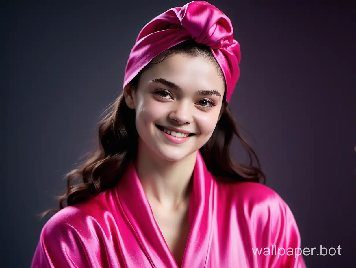 Evgenia Medvedeva smiles beautifully with long hair in a silk robe of fuchsia pink color with a pink silk towel turban on her head.