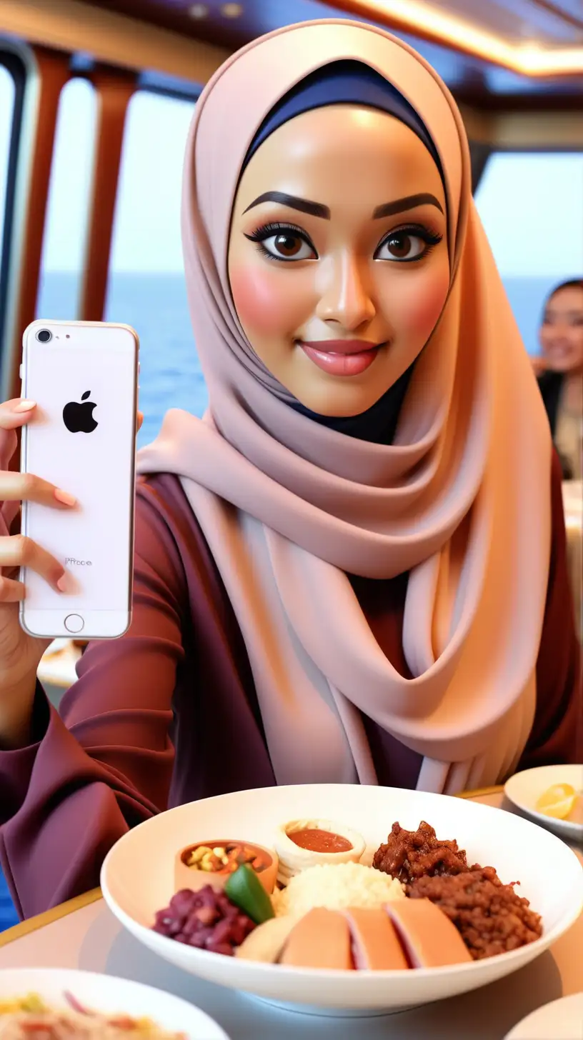 Malay Woman in Casual Hijab Fashion Capturing Luxury Cruise Dining Experience with iPhone