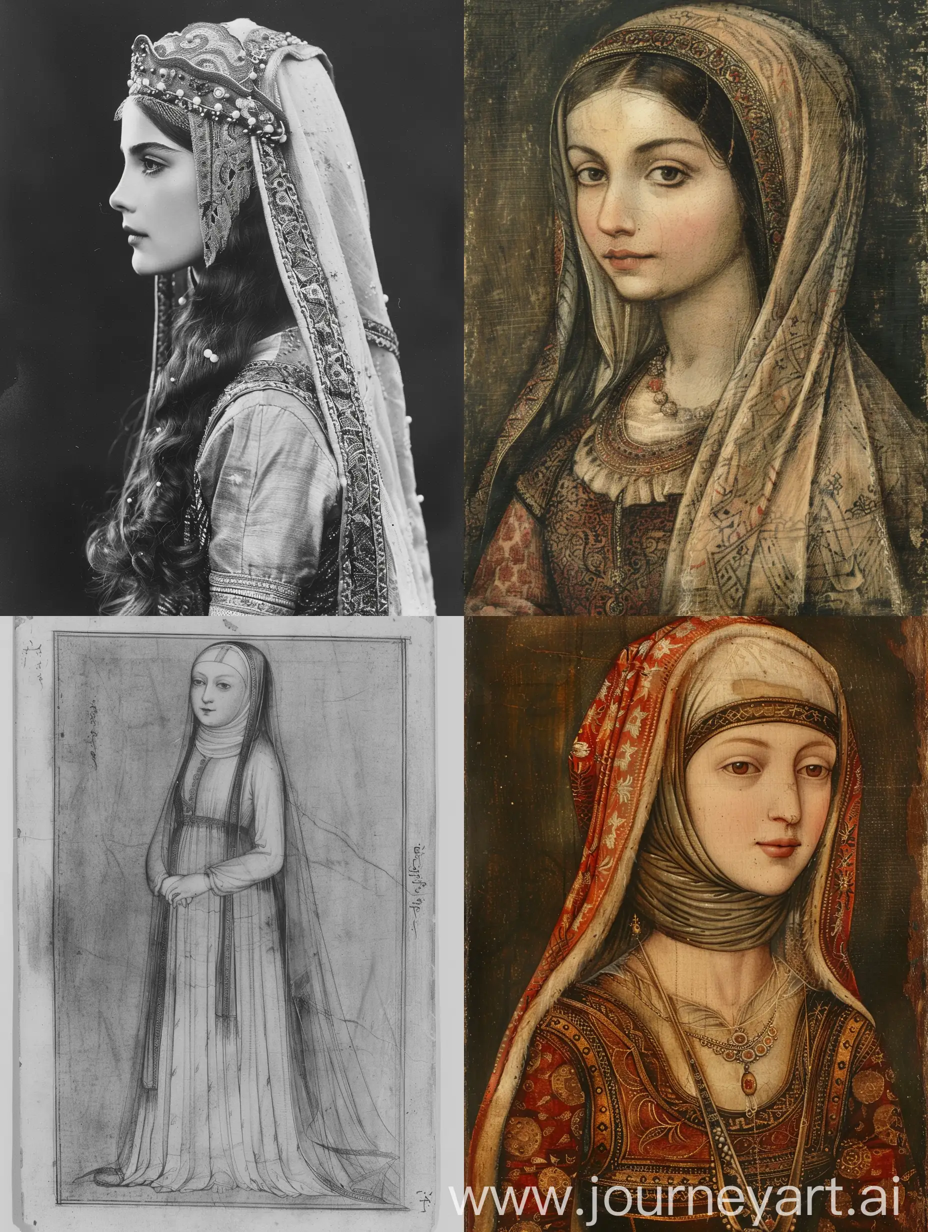Fourteenth century Turkish muslim lady, 16 years old in traditional attire, she was a process, long hair