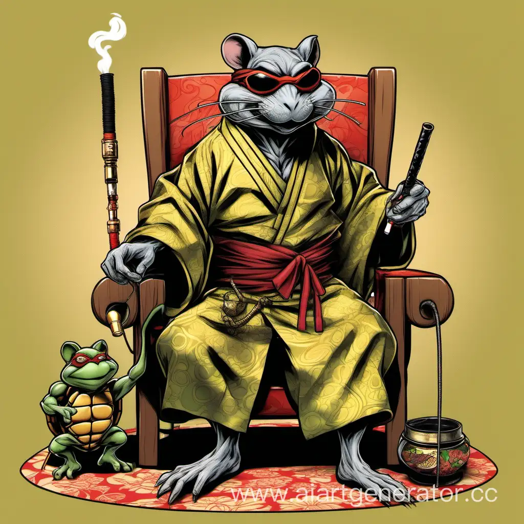 SPLINTER RAT WITH A THICK MUSTACHE AND NINJA TURTLES HAIR WITH A HOOKAH IN HAND AND AN EYE PATCH IN A JAPANESE KIMONO GOLDEN KIMONO ON A CHAIR WITH POPFOOD