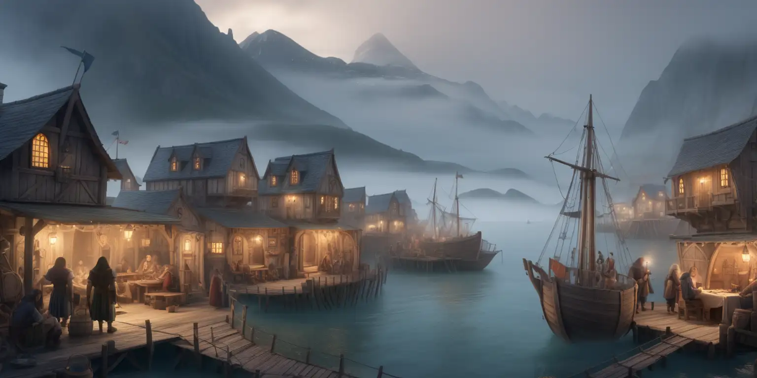 Enchanting Medieval Seaside Shanty Town Amidst Fog and Bustle