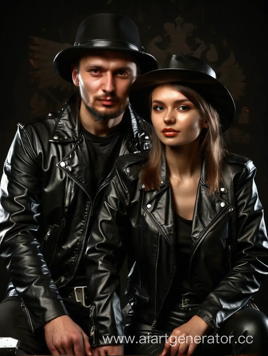 Stylish-Russian-Couple-in-Black-Trendy-Photoshoot-with-Leather-Jackets-and-Hats