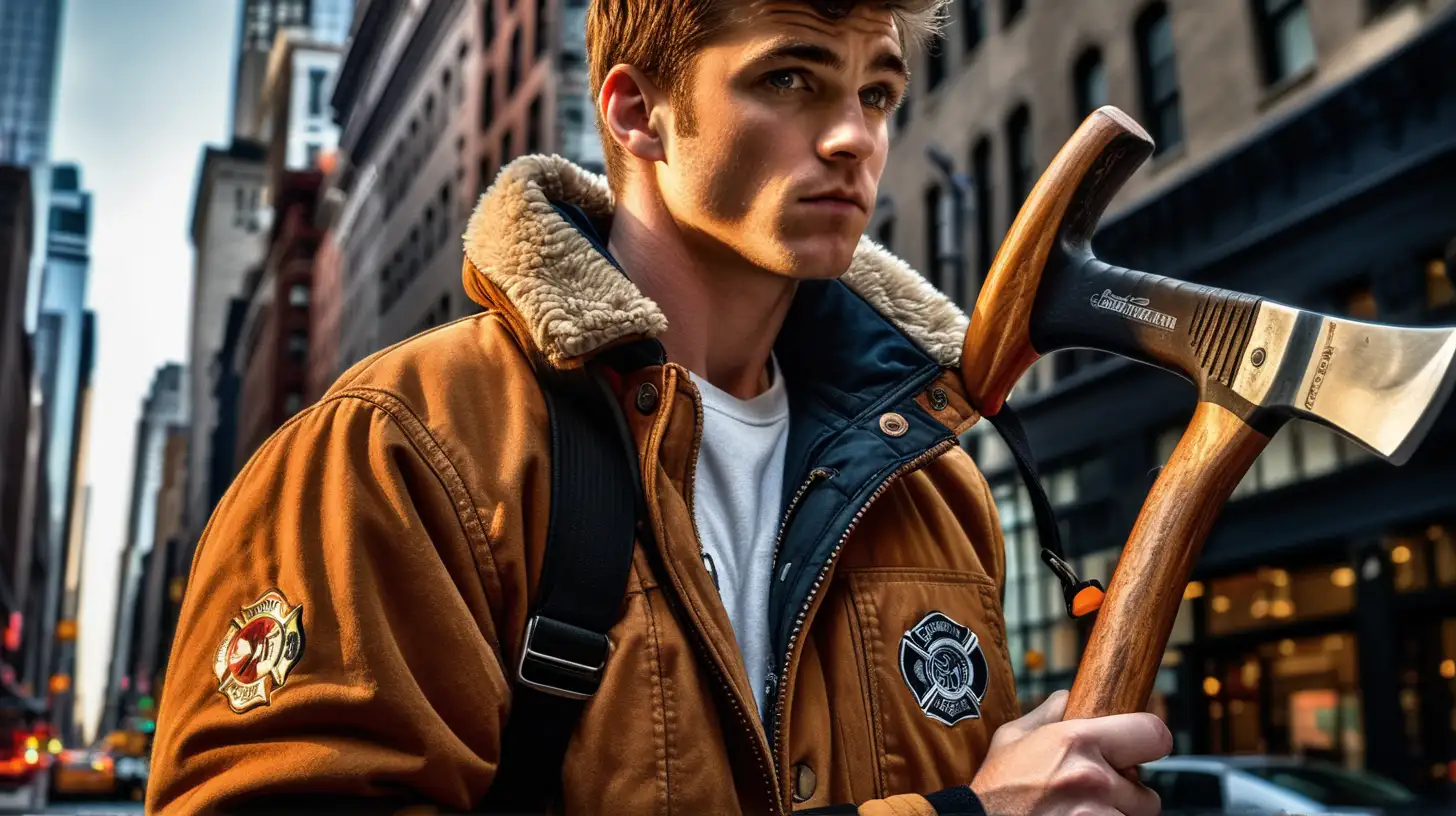 irish, young, fit, man, holding a firmeman's axe over his shoulder, carhart jacket, in manhattan, hyper realistic, dramatic lighting