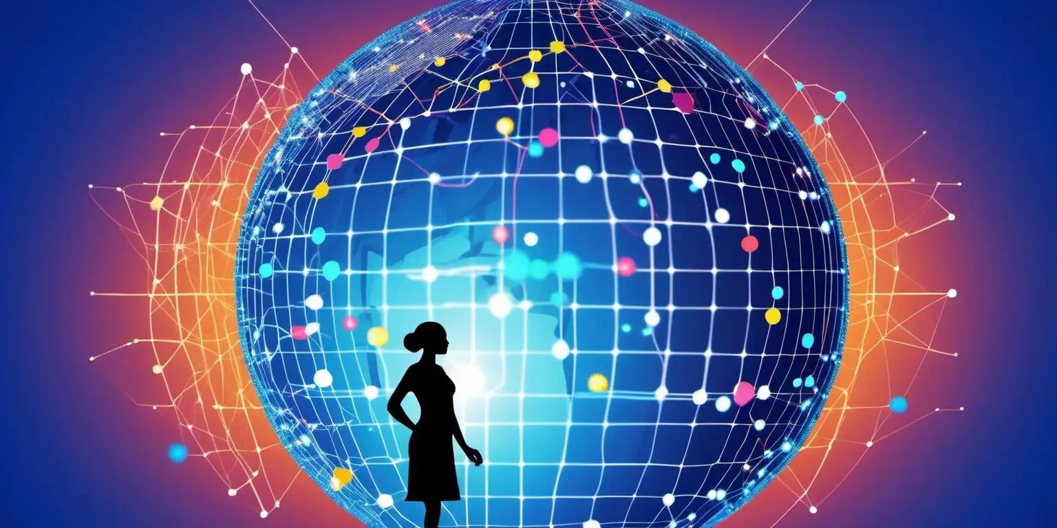 stylized large artificial intelligence neural network with colorful nodes in front of a silhouette of high-tech blue globe. A  small  silhouette of mom dressed in short colorful dress  on blue high-tech background.